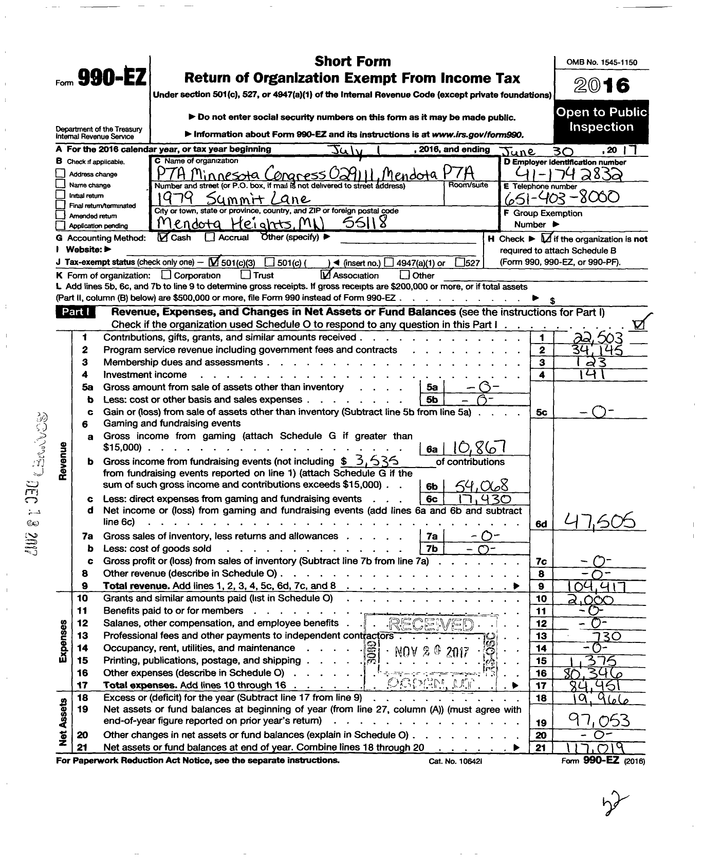 Image of first page of 2016 Form 990EZ for PTA Minnesota Congress 029111 Mendota PTA