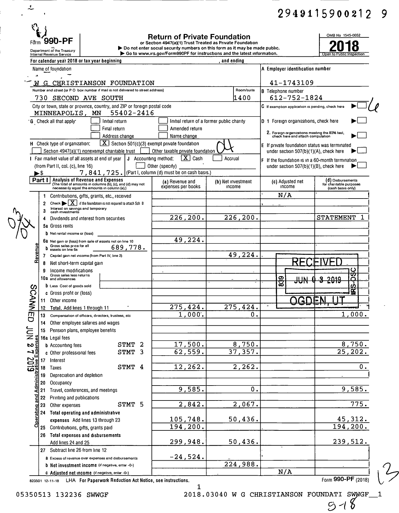 Image of first page of 2018 Form 990PF for W G Christianson Foundation