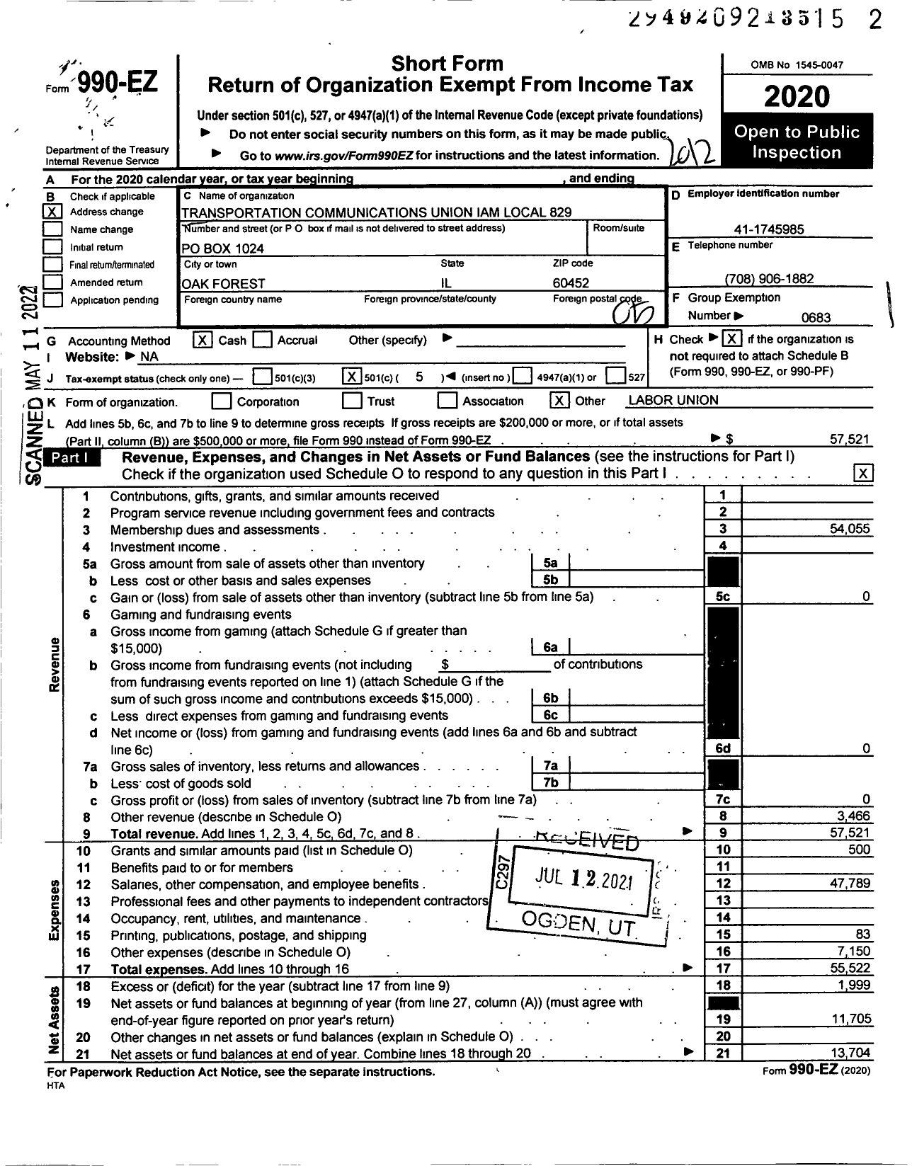 Image of first page of 2020 Form 990EO for Transportation-Communications Union / T829 Lodge