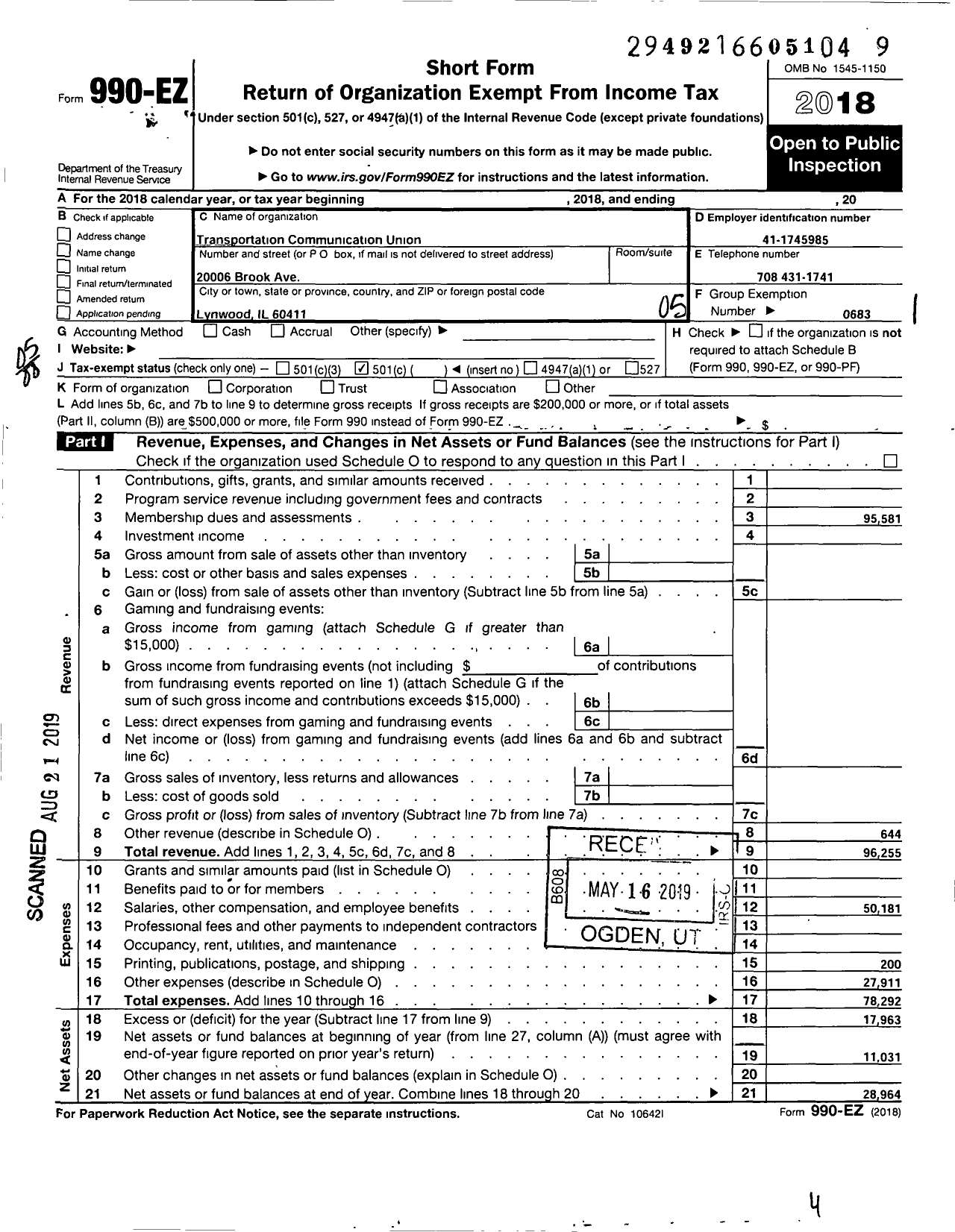 Image of first page of 2018 Form 990EO for Transportation-Communications Union / T829 Lodge