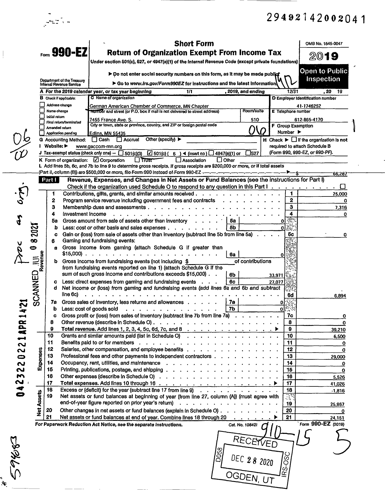 Image of first page of 2019 Form 990EO for German American Chamber of Commerce of the Midwest Minnesota Chapter