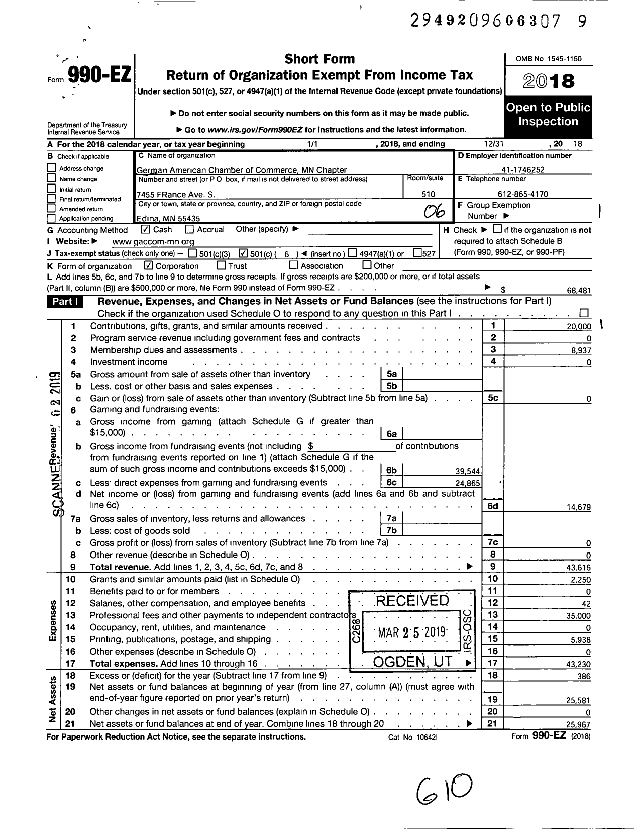 Image of first page of 2018 Form 990EO for German American Chamber of Commerce of the Midwest Minnesota Chapter