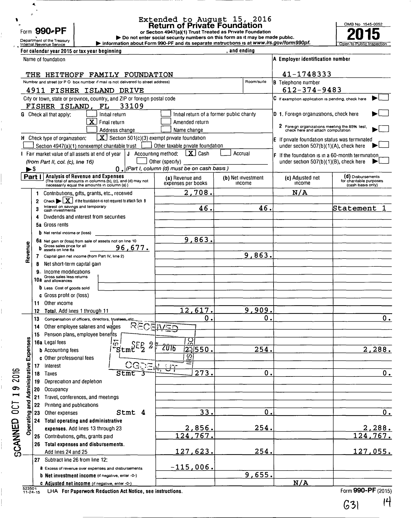 Image of first page of 2015 Form 990PF for The Heithoff Family Foundation