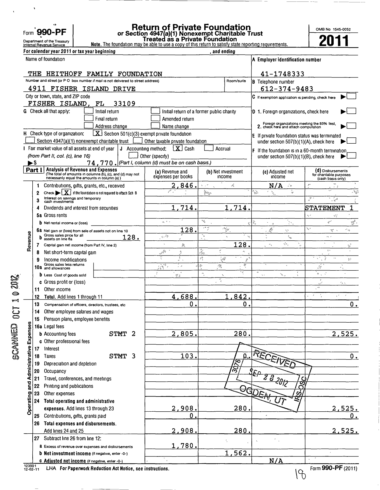 Image of first page of 2011 Form 990PF for The Heithoff Family Foundation