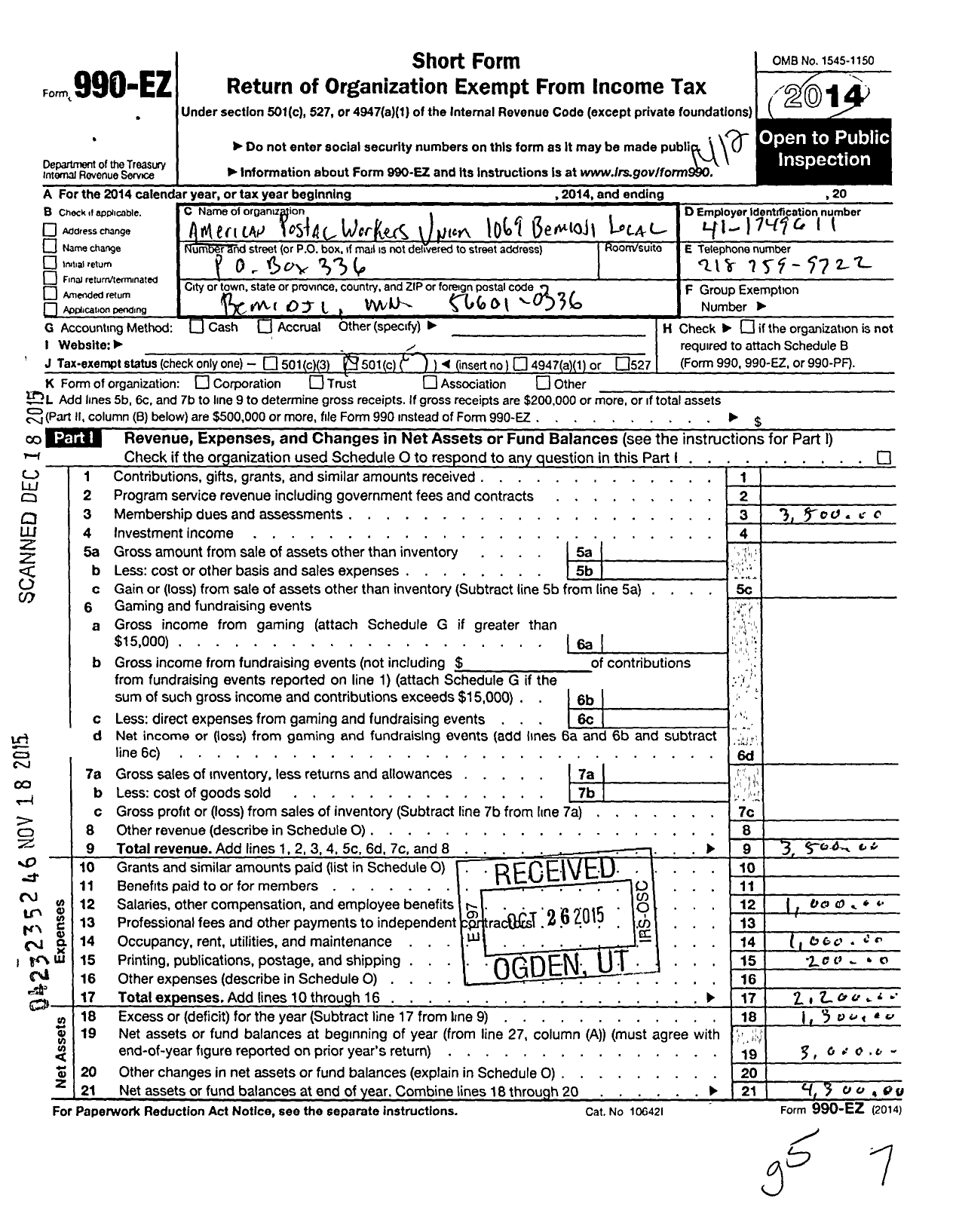 Image of first page of 2014 Form 990EO for American Postal Workers Union - 1069 Bemidji Local
