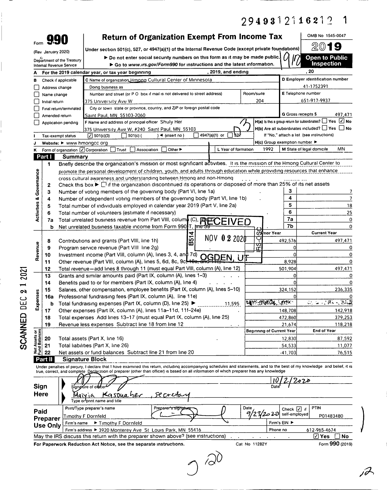 Image of first page of 2019 Form 990 for Hmong Cultural Center