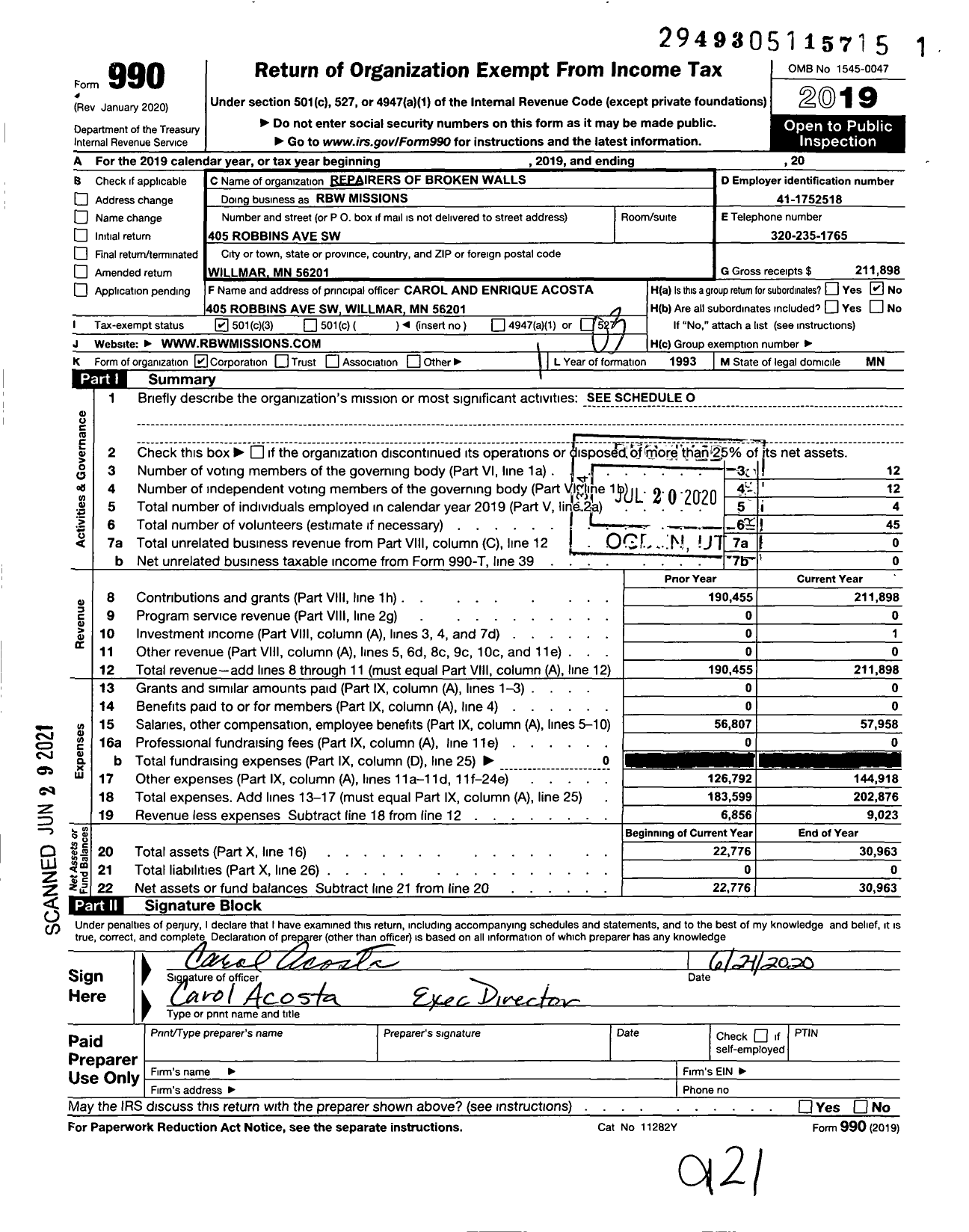 Image of first page of 2019 Form 990 for RBW Missions