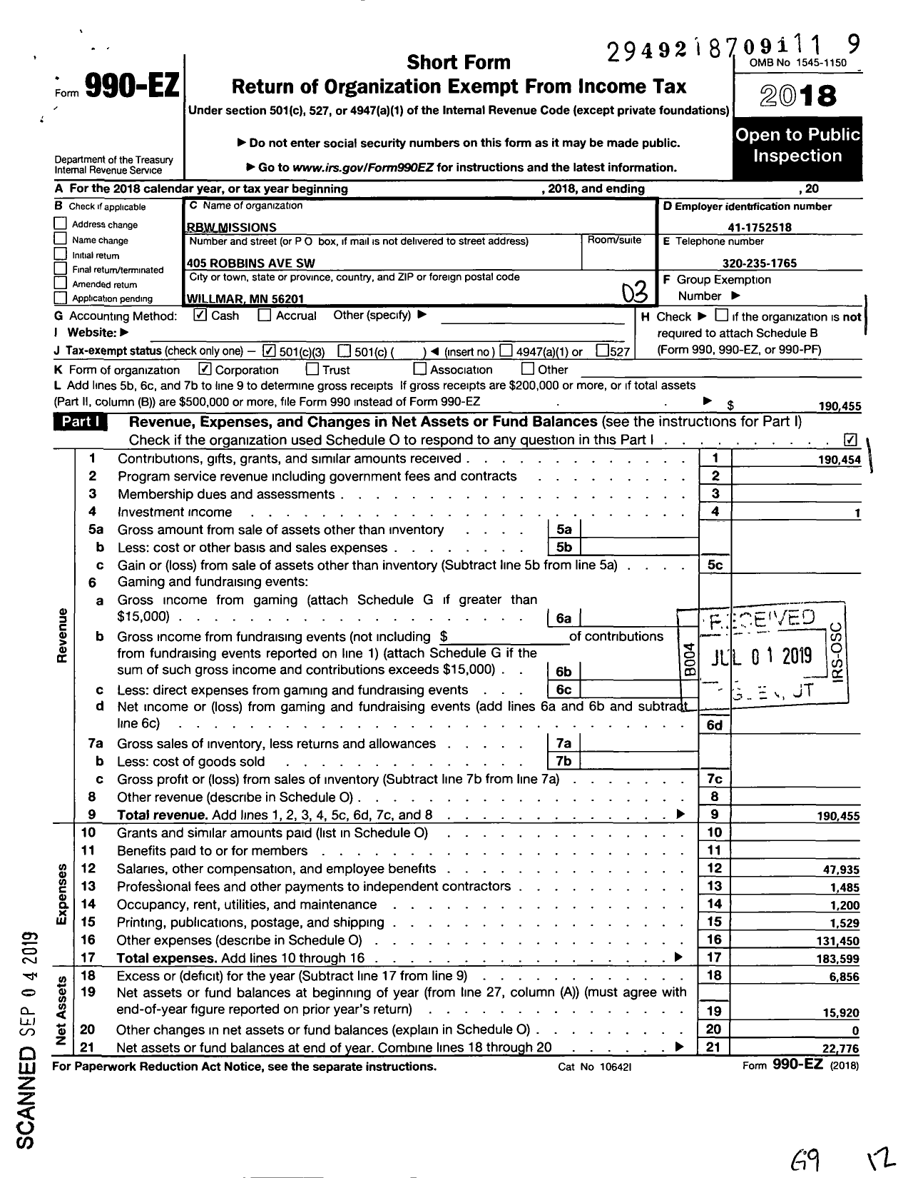 Image of first page of 2018 Form 990EZ for RBW Missions