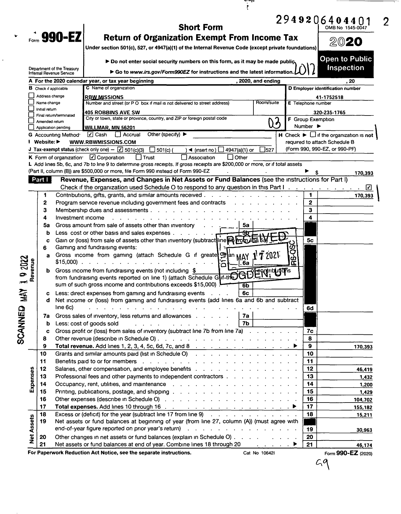 Image of first page of 2020 Form 990EZ for RBW Missions