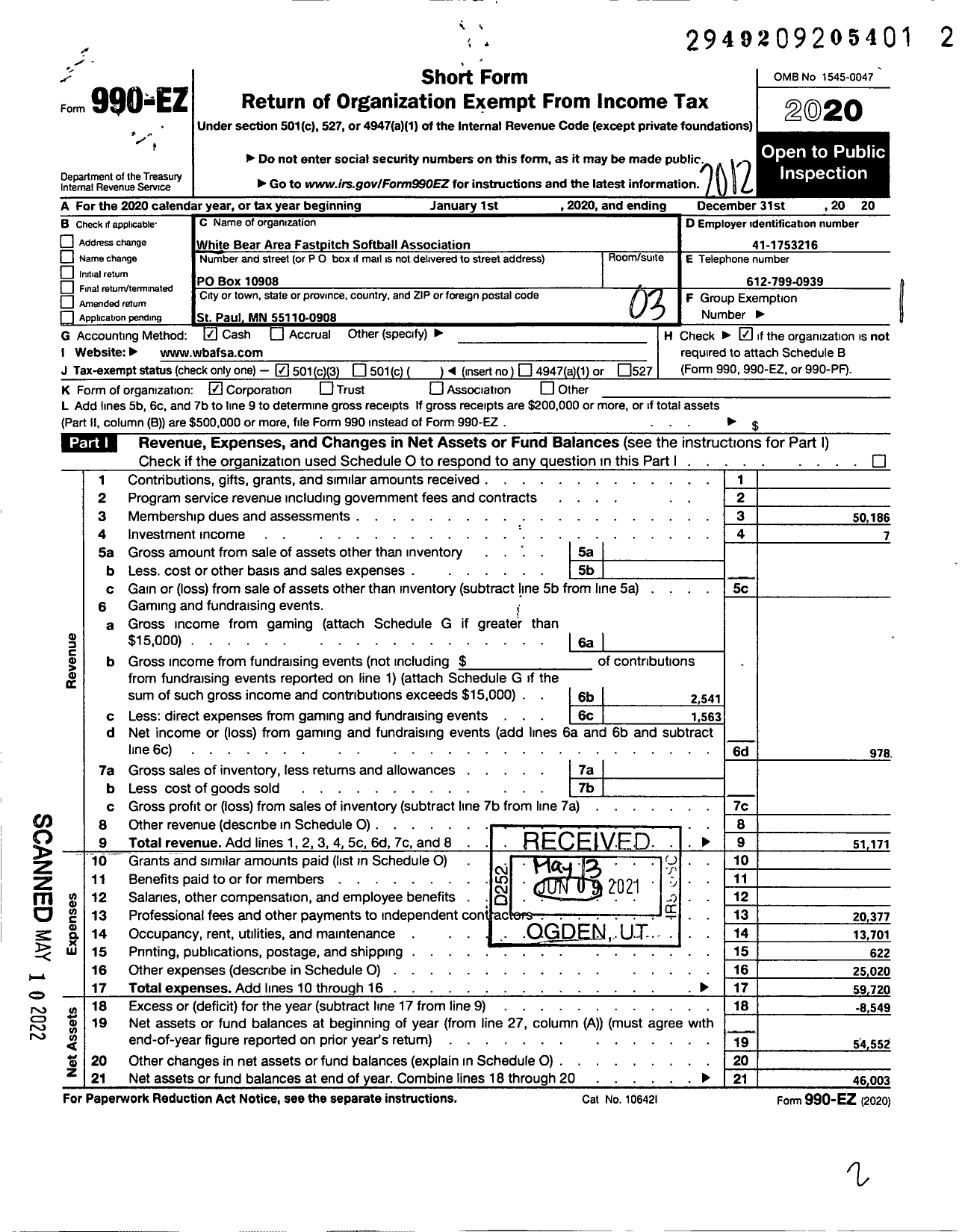 Image of first page of 2020 Form 990EZ for White Bear Area Fastpitch Pitch Softball Association