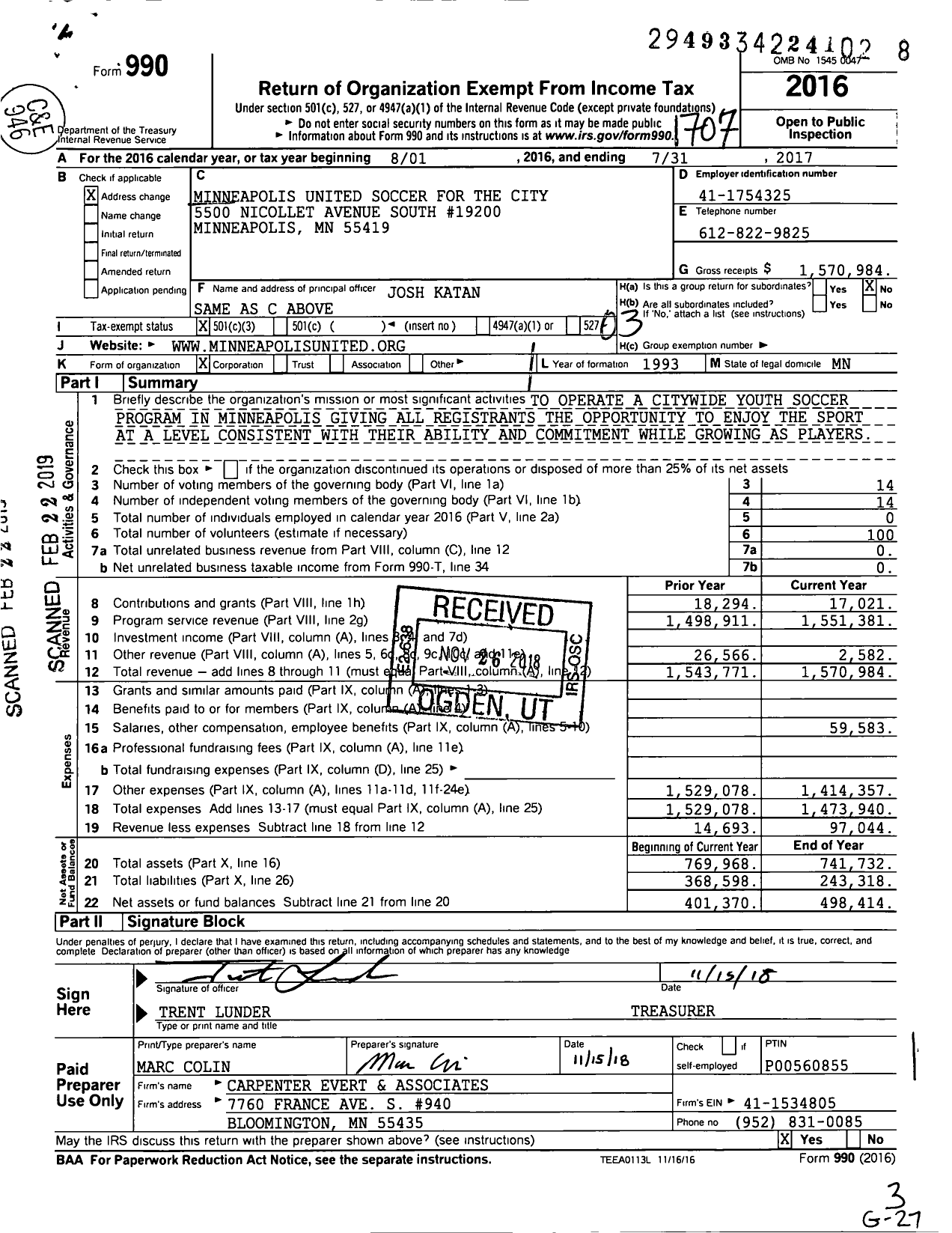 Image of first page of 2016 Form 990 for Minneapolis United Soccer for the City