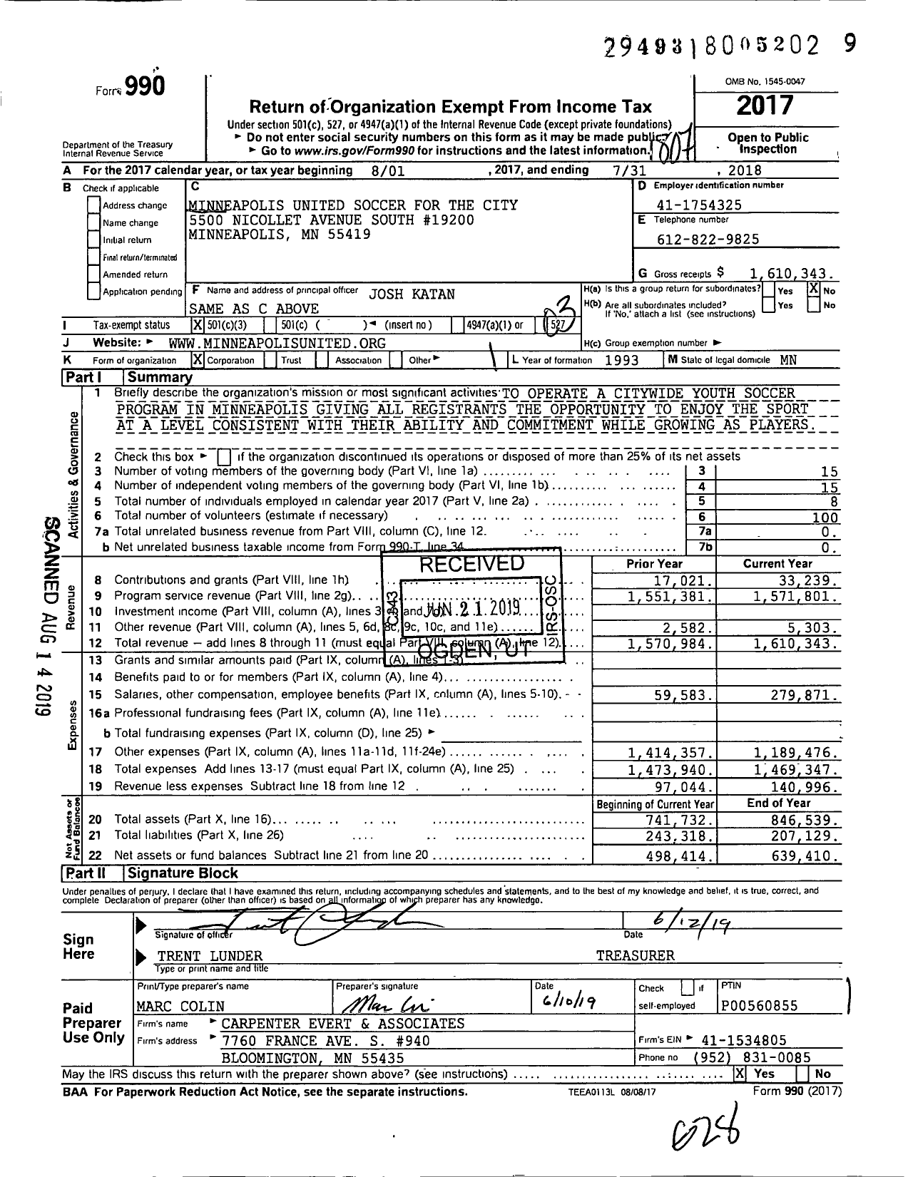 Image of first page of 2017 Form 990 for Minneapolis United Soccer for the City