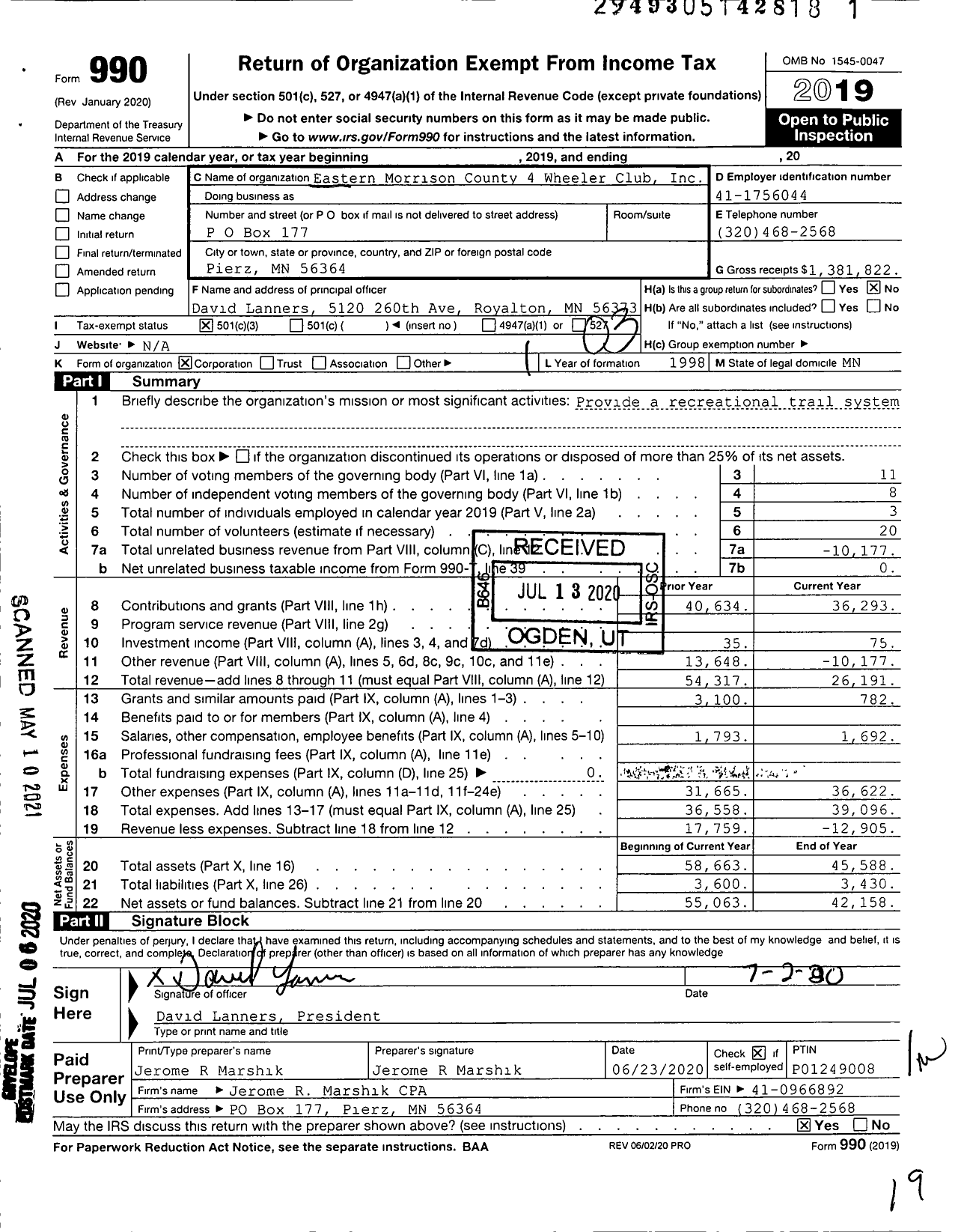 Image of first page of 2019 Form 990 for Eastern Morrison County 4 Wheeler Club