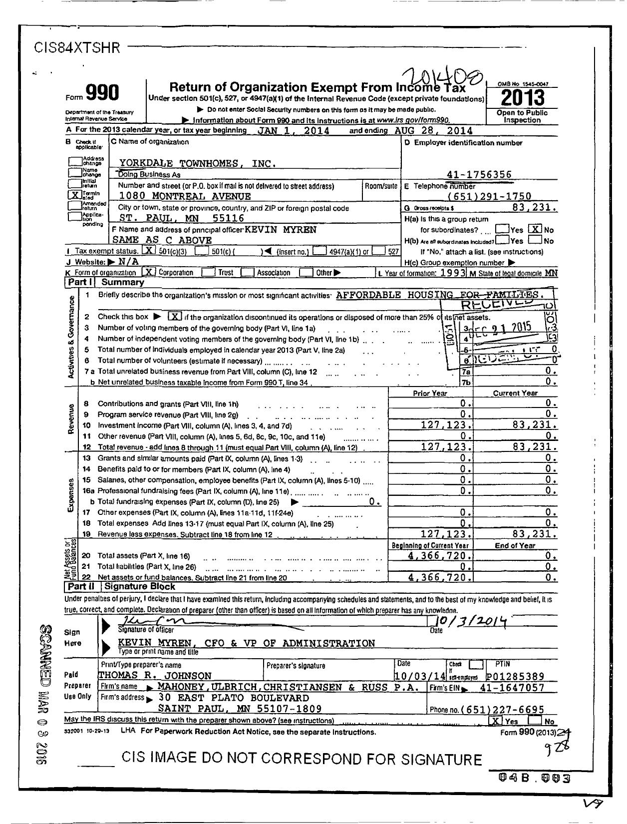 Image of first page of 2013 Form 990 for Yorkdale Townhomes