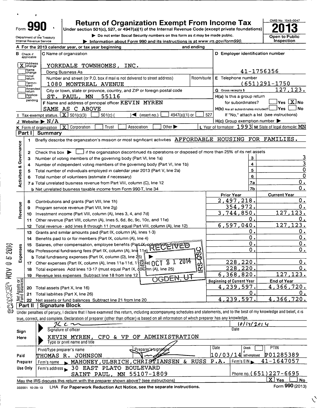 Image of first page of 2013 Form 990 for Yorkdale Townhomes