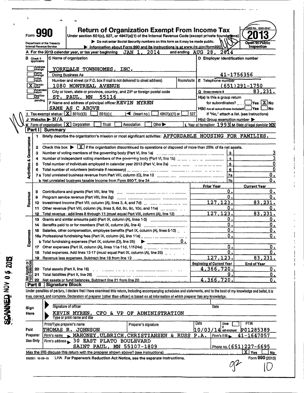 Image of first page of 2013 Form 990 for Yorkdale Townhomes