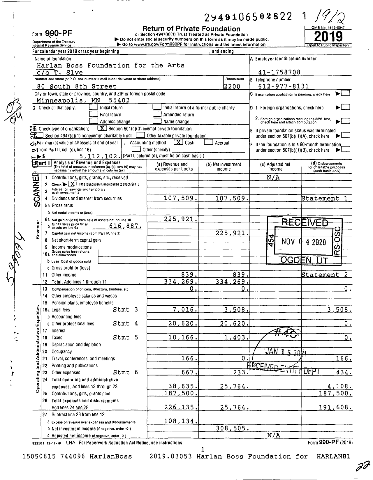 Image of first page of 2019 Form 990PF for Harlan Boss Foundation for the Arts