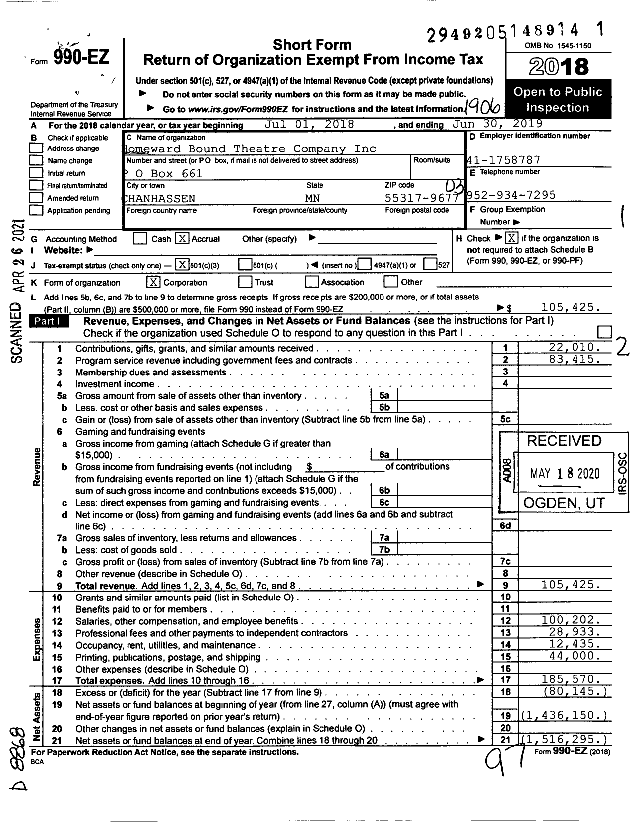 Image of first page of 2018 Form 990EZ for Homeward Bound Theatre Company