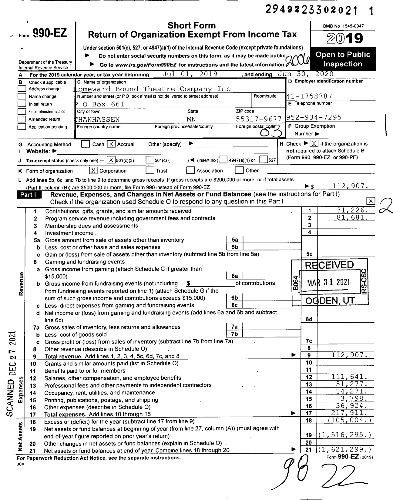 Image of first page of 2019 Form 990EZ for Homeward Bound Theatre Company