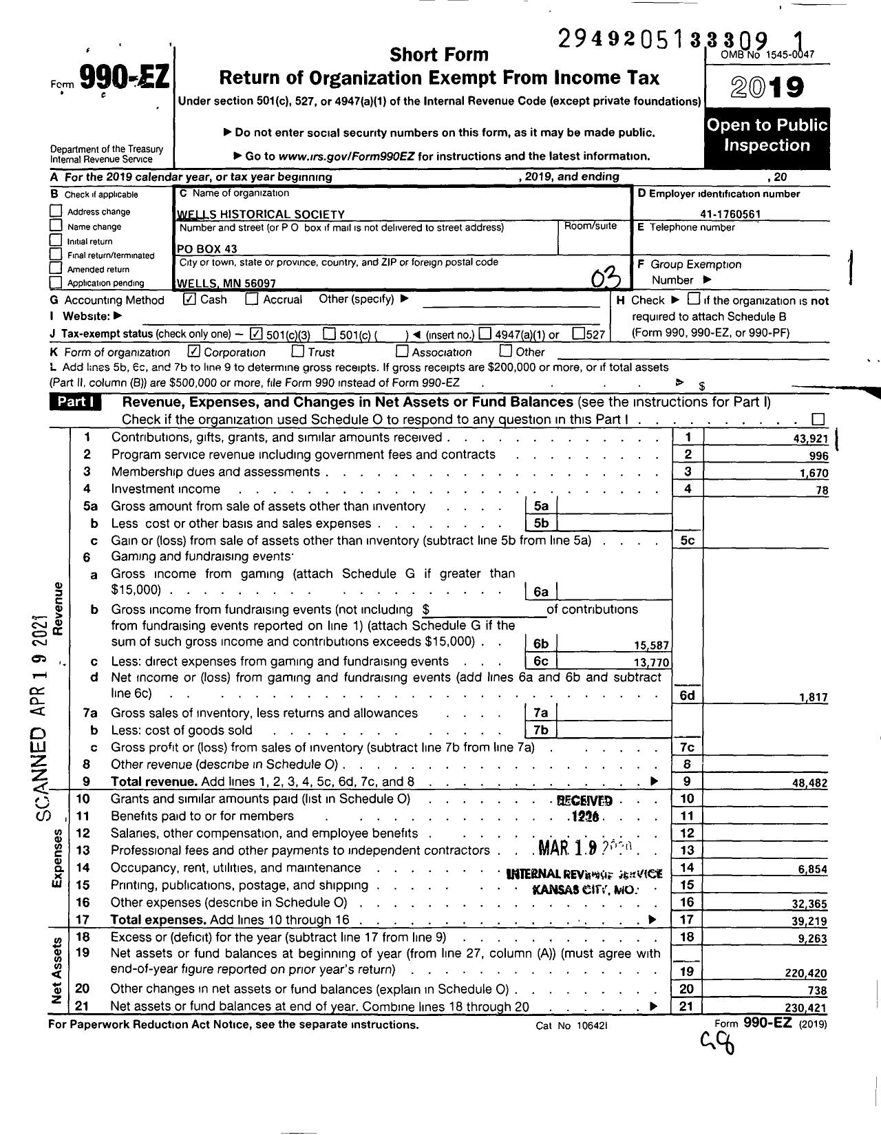 Image of first page of 2019 Form 990EZ for Wells Historical Society / Veterans Memorial