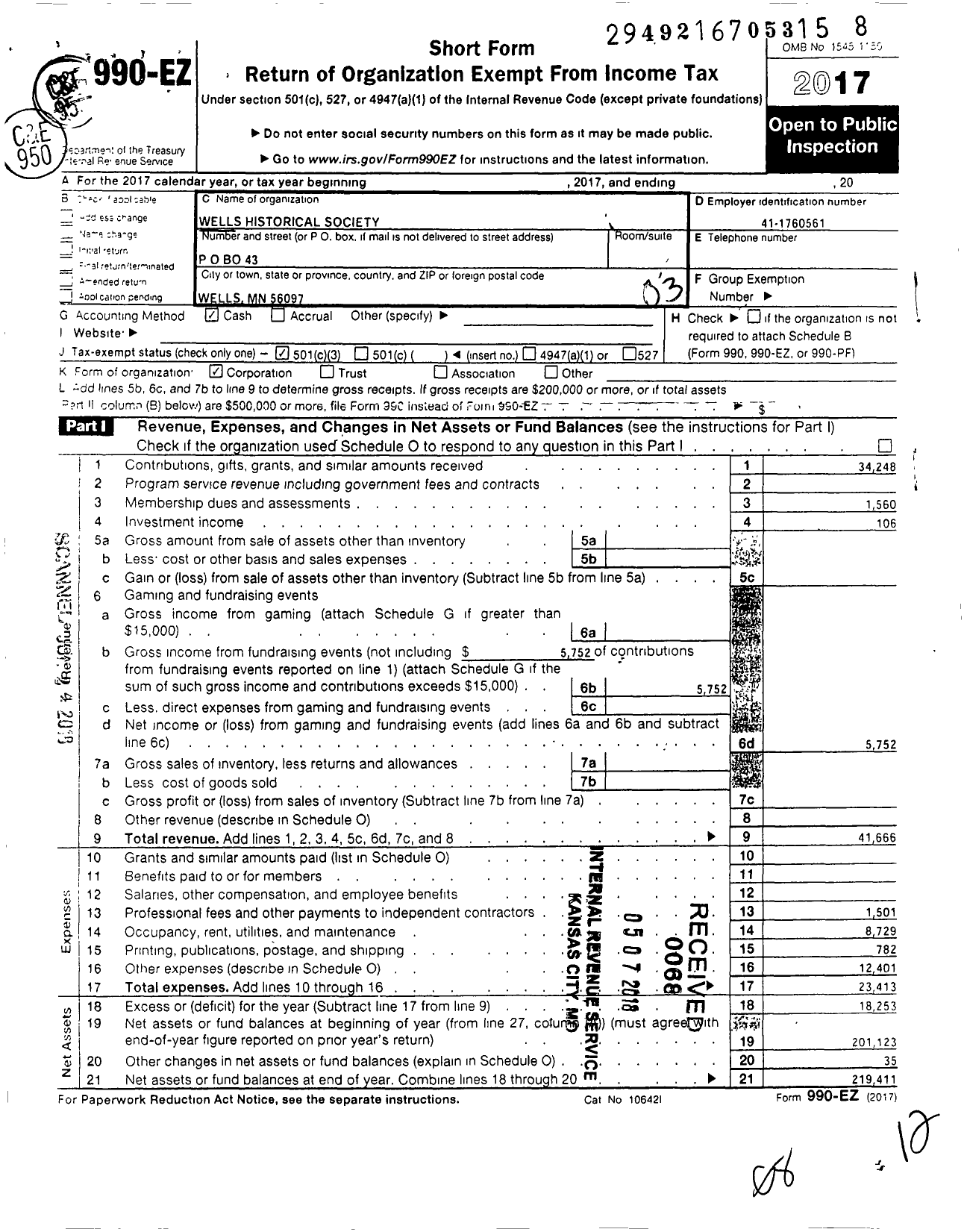 Image of first page of 2017 Form 990EZ for Wells Historical Society / Veterans Memorial