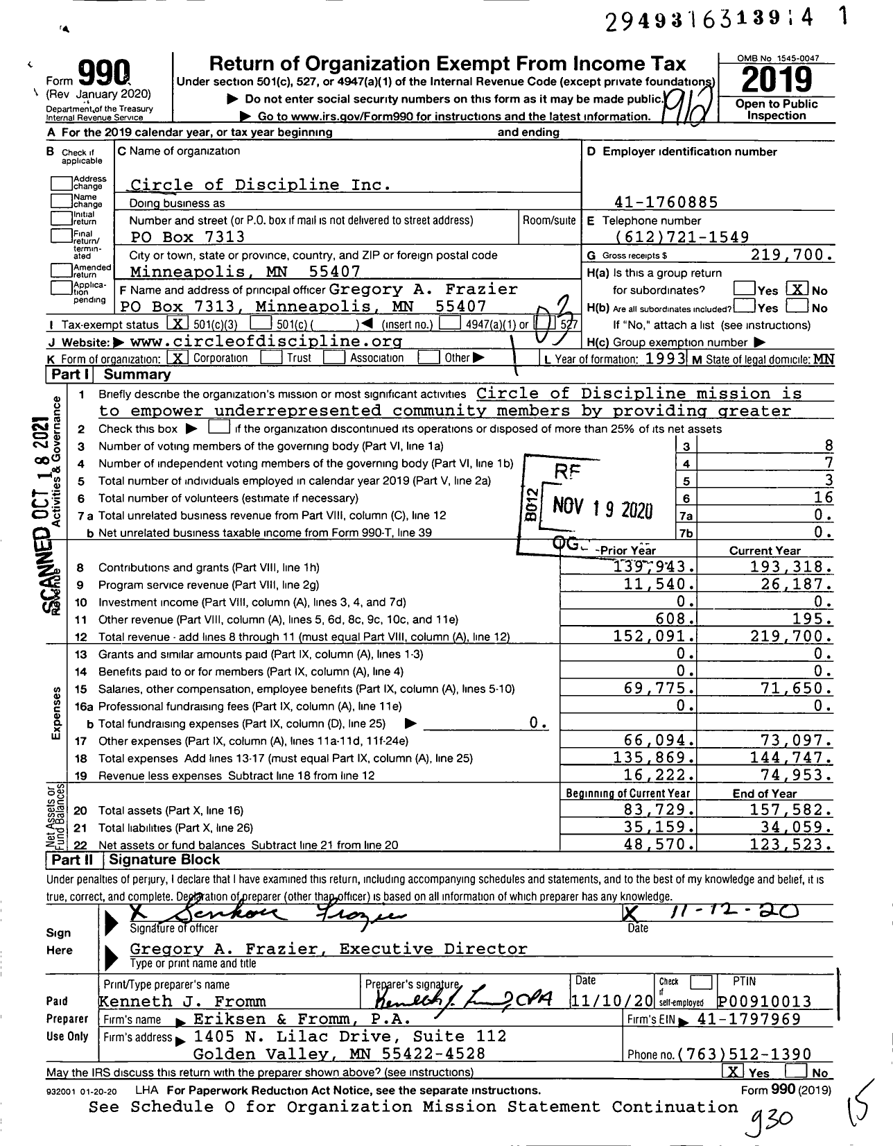 Image of first page of 2019 Form 990 for Circle of Discipline