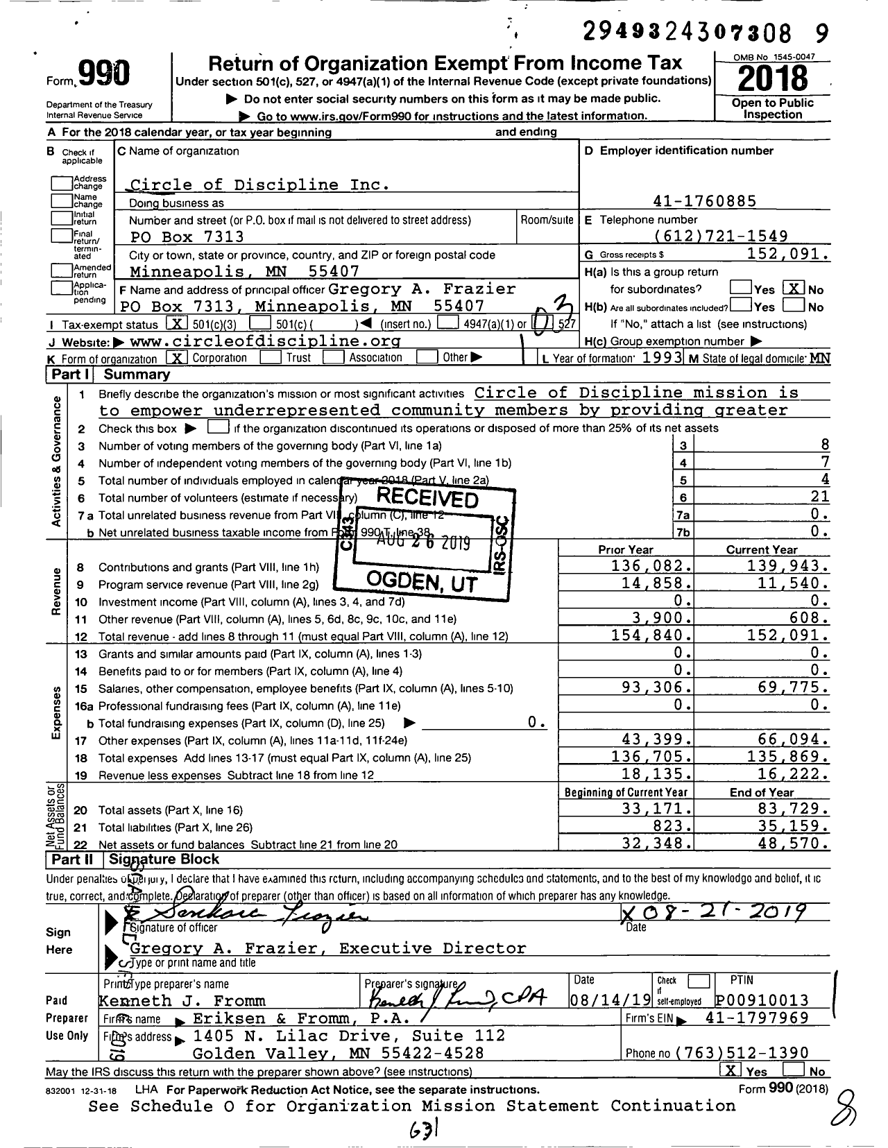 Image of first page of 2018 Form 990 for Circle of Discipline