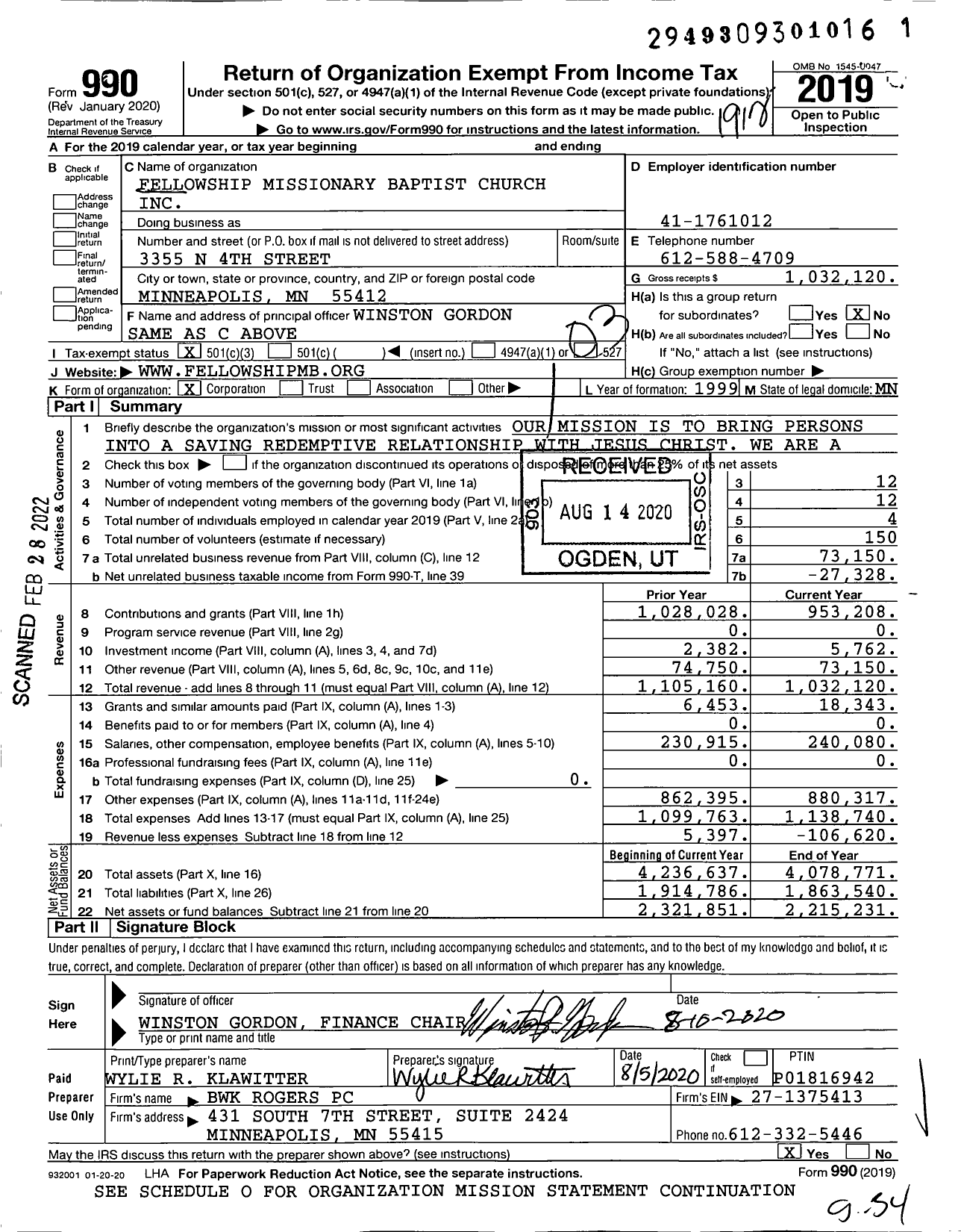 Image of first page of 2019 Form 990 for Fellowship Missionary Baptist Church