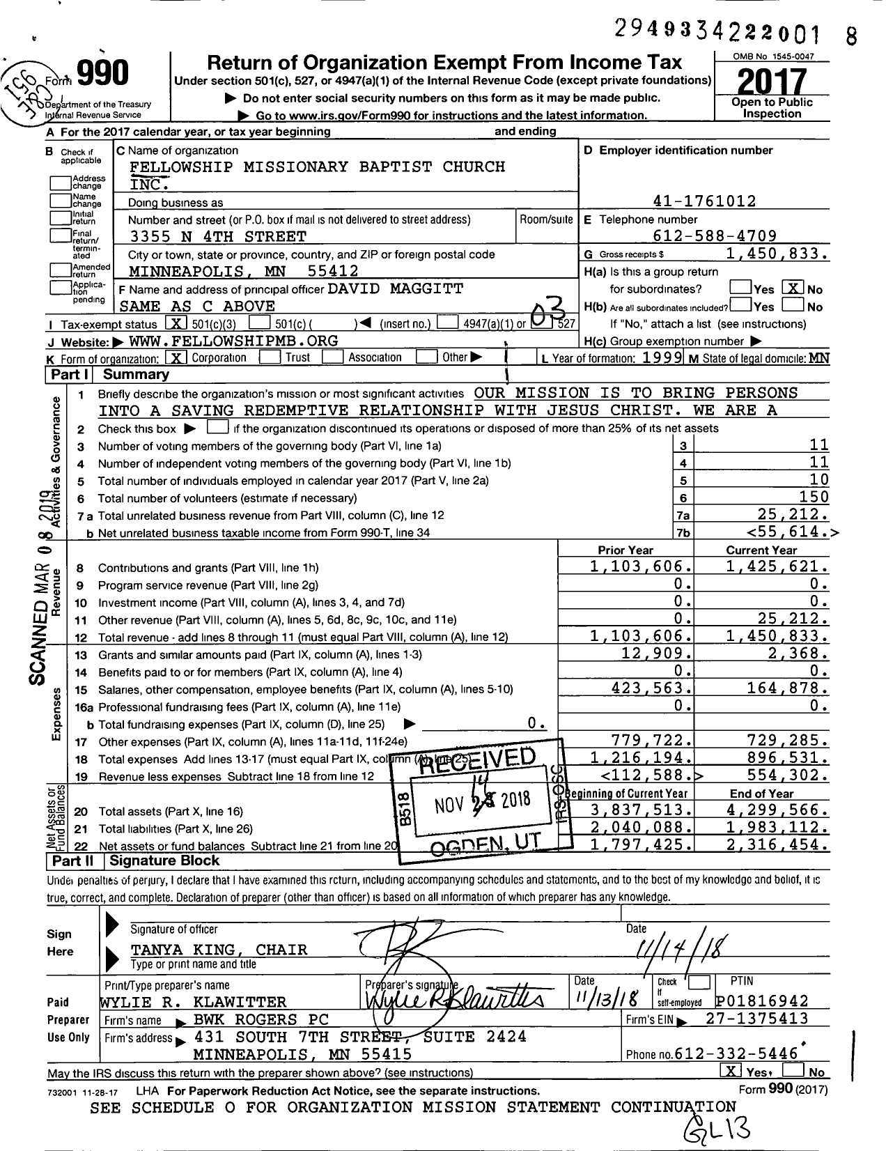 Image of first page of 2017 Form 990 for Fellowship Missionary Baptist Church