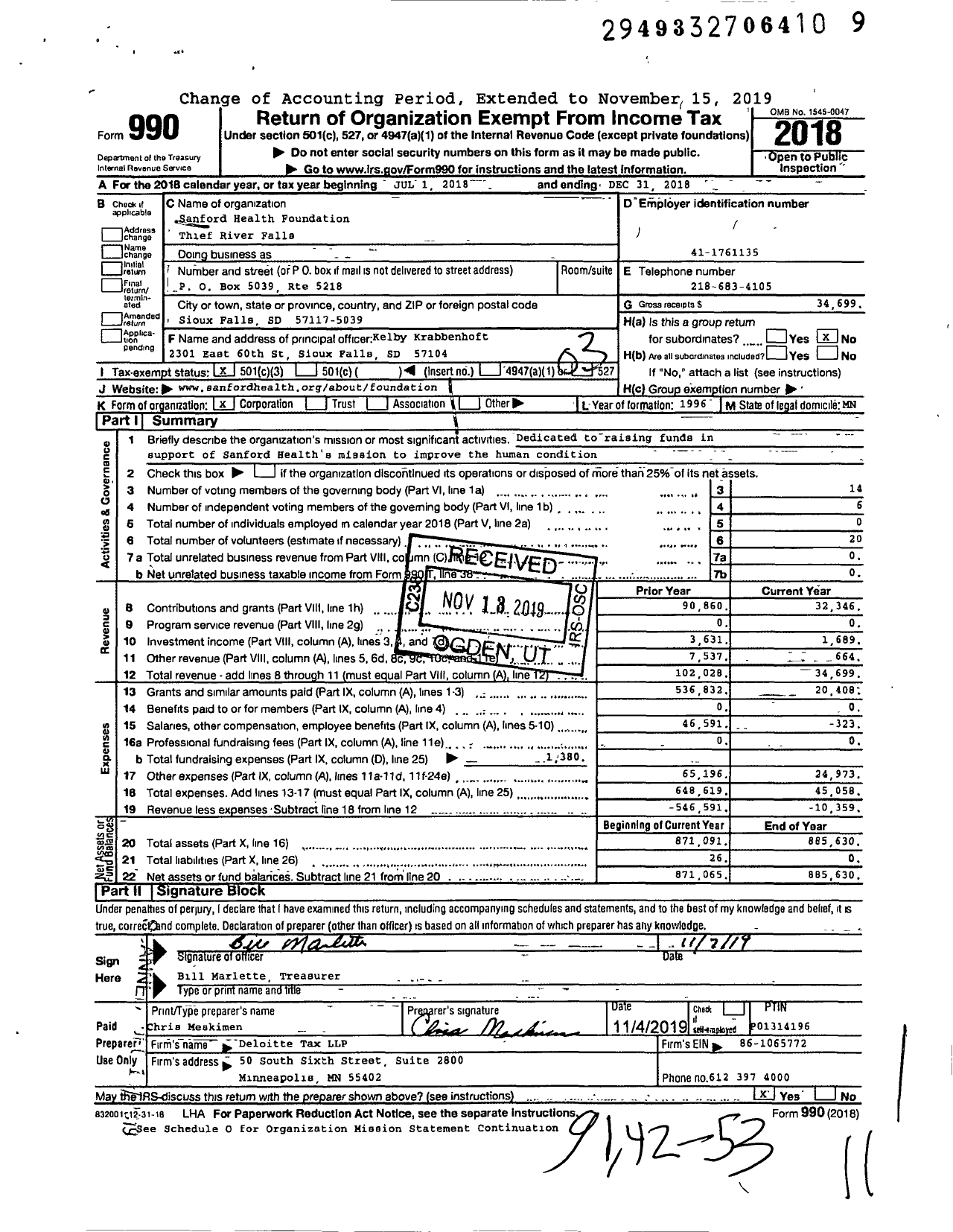 Image of first page of 2018 Form 990 for Sanford Health Foundation Thief River Falls