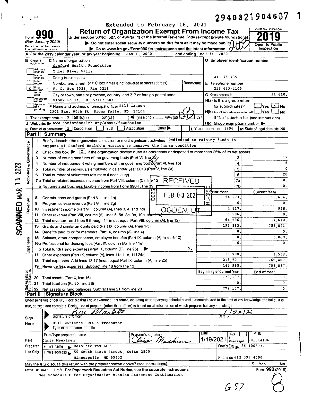 Image of first page of 2019 Form 990 for Sanford Health Foundation Thief River Falls