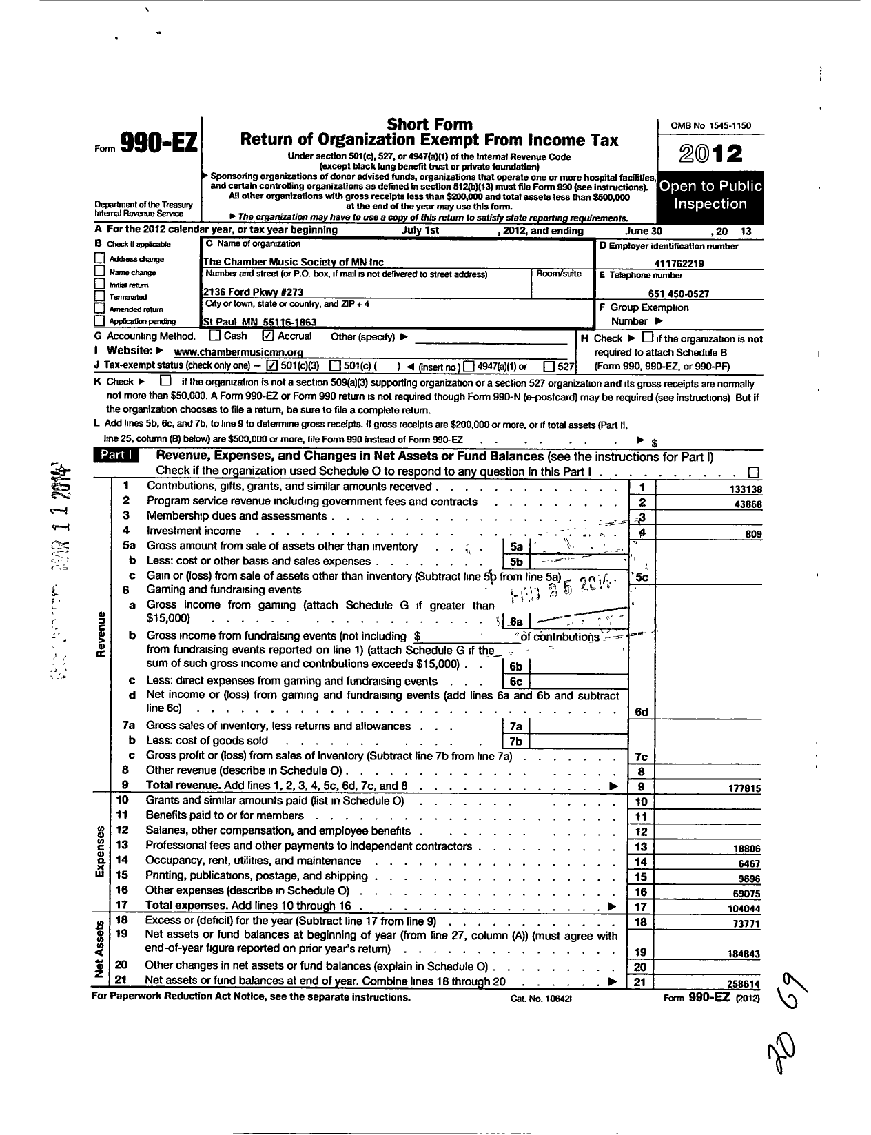 Image of first page of 2012 Form 990EZ for The Chamber Music Society of Minnesota