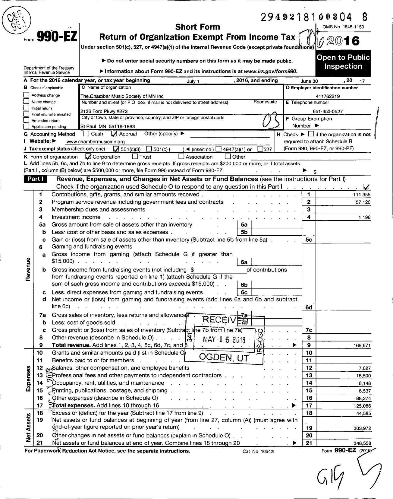 Image of first page of 2016 Form 990EZ for The Chamber Music Society of Minnesota