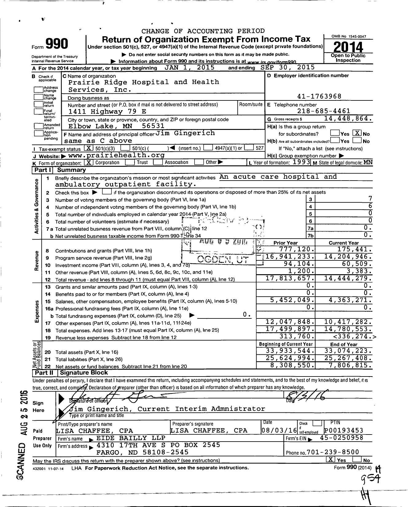 Image of first page of 2014 Form 990 for Prairie Ridge Healthcare
