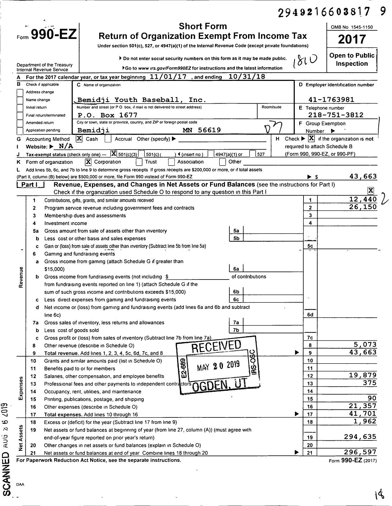 Image of first page of 2017 Form 990EZ for Bemidji Youth Baseball