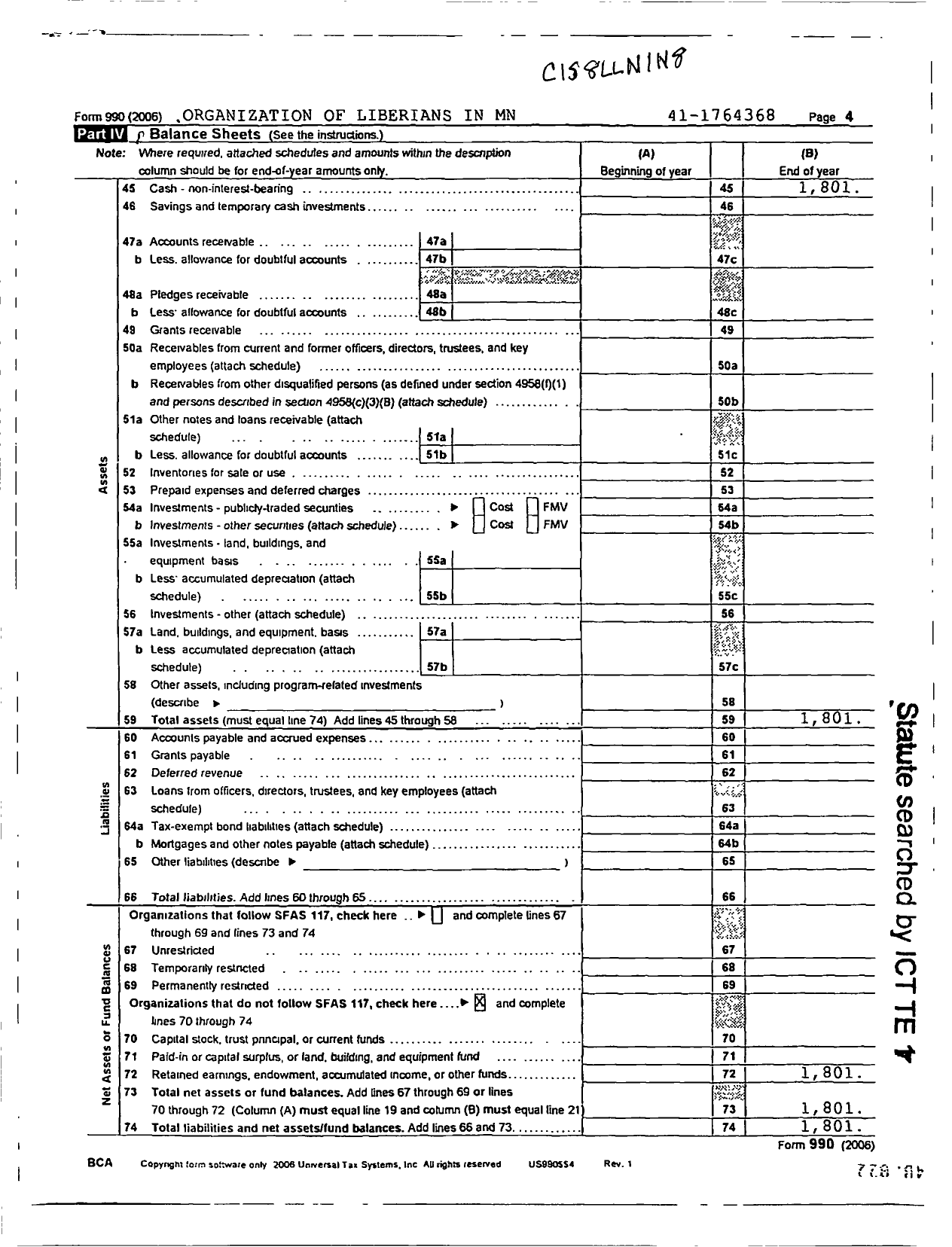 Image of first page of 2006 Form 990R for Organization of Liberians in MN