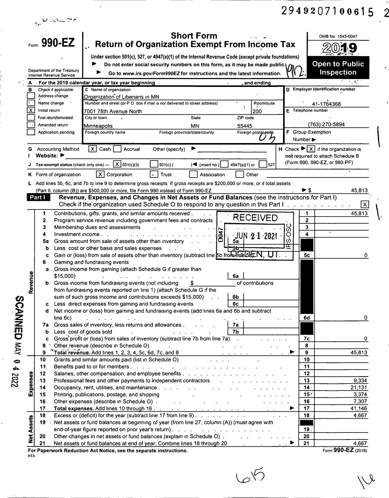 Image of first page of 2019 Form 990EZ for Organization of Liberians in MN