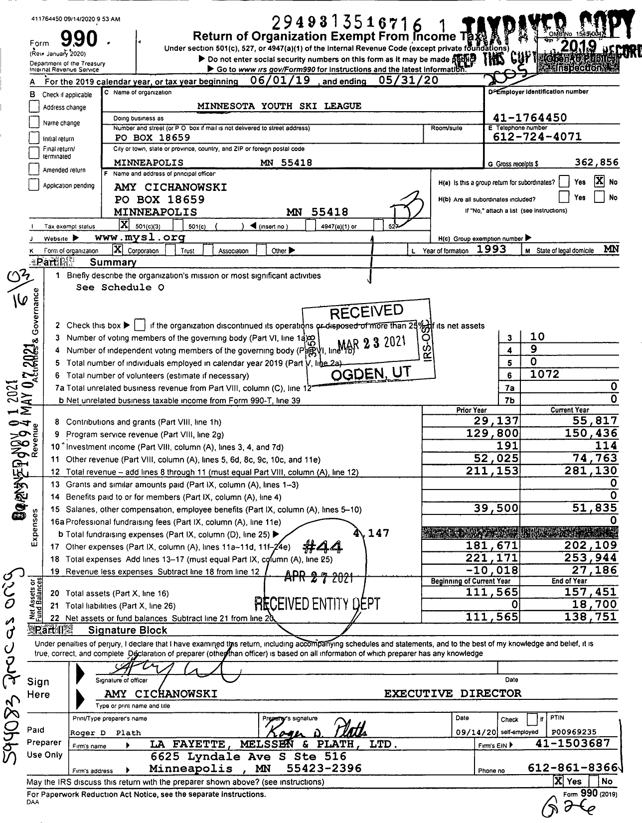 Image of first page of 2019 Form 990 for Minnesota Youth Ski League