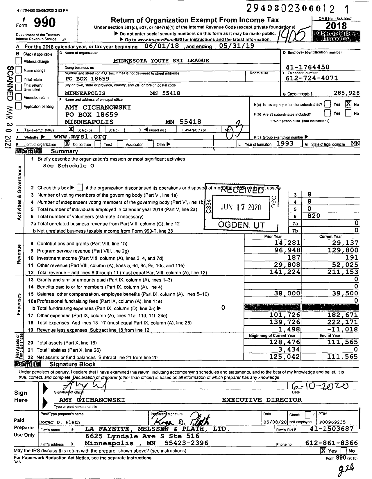 Image of first page of 2018 Form 990 for Minnesota Youth Ski League