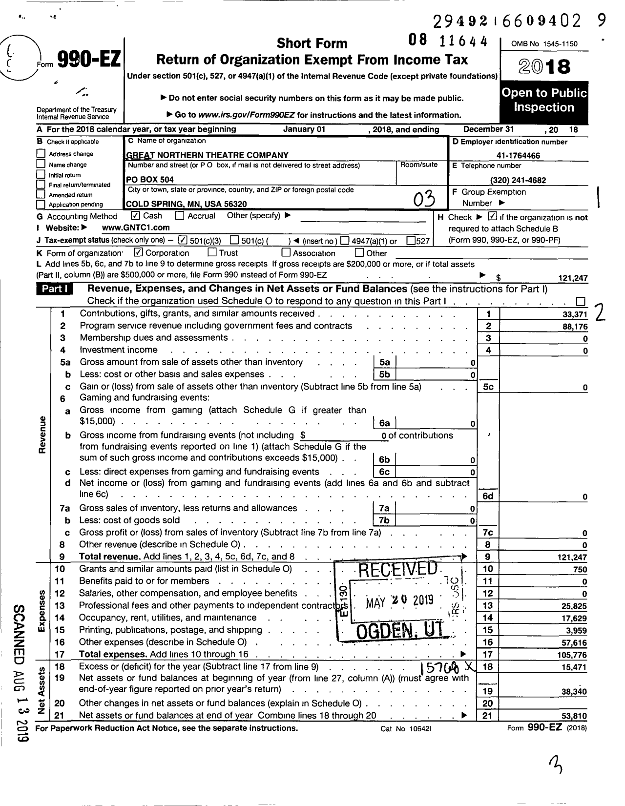 Image of first page of 2018 Form 990EZ for Great Northern Theatre Company