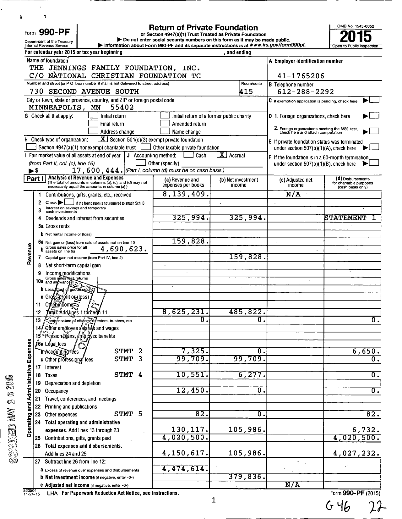 Image of first page of 2015 Form 990PF for The Jennings Family Foundation