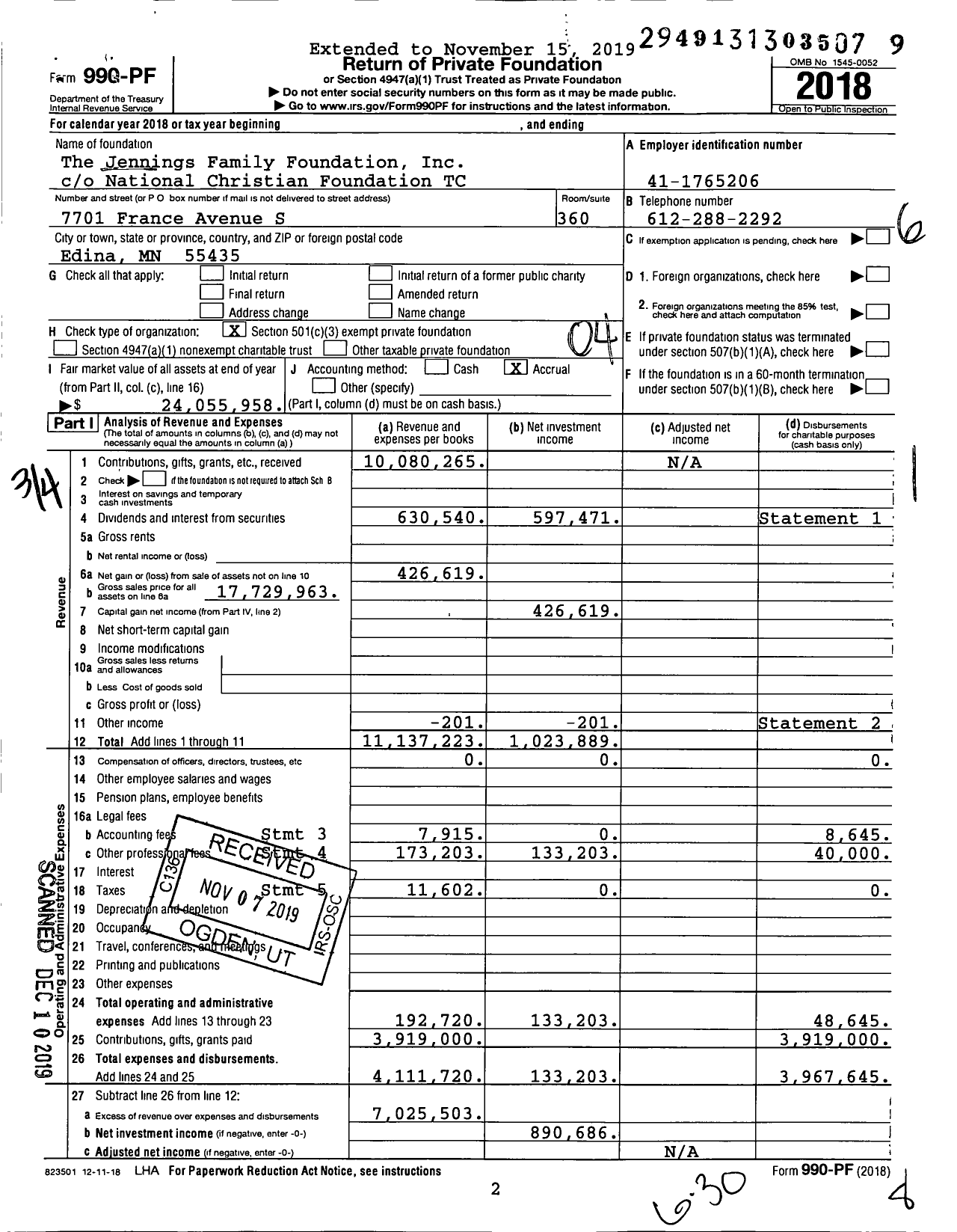 Image of first page of 2018 Form 990PF for The Jennings Family Foundation