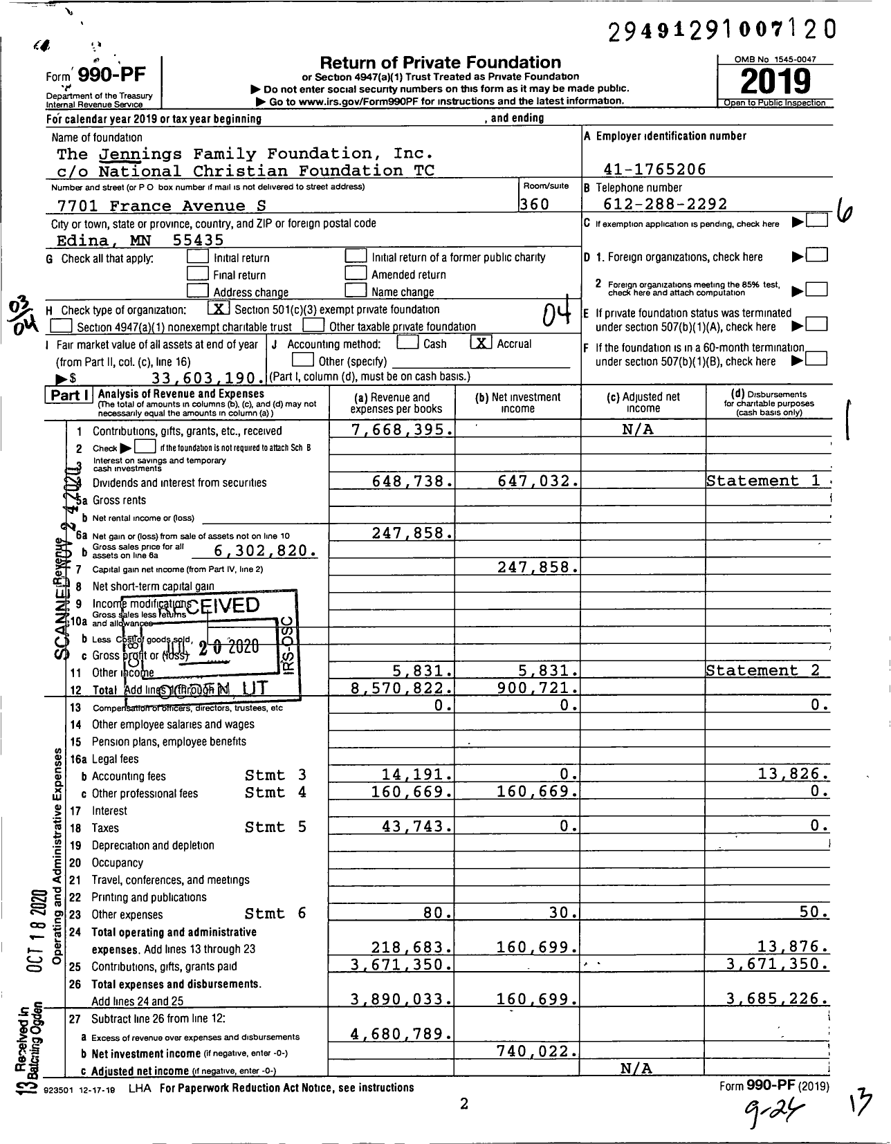 Image of first page of 2019 Form 990PF for The Jennings Family Foundation