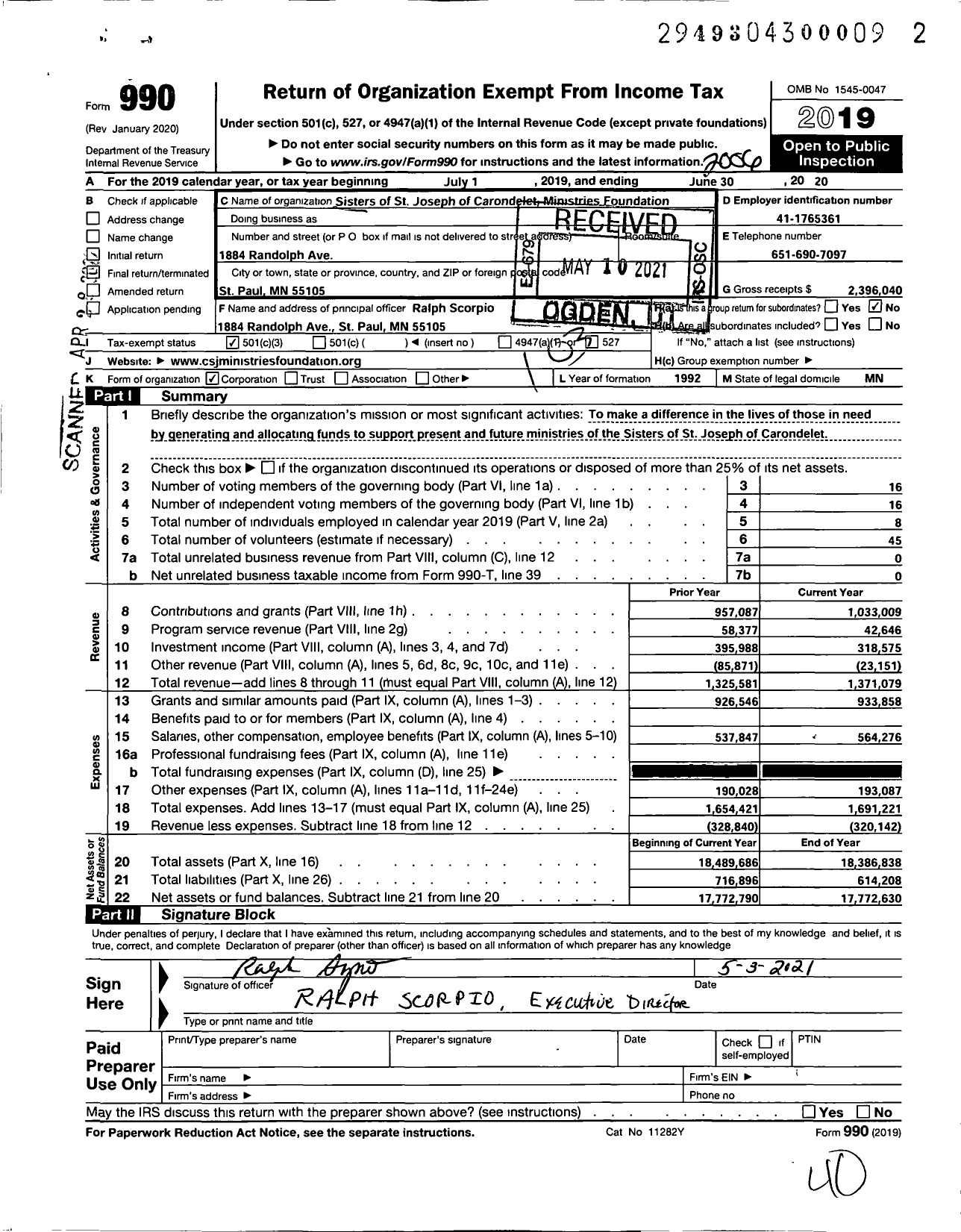 Image of first page of 2019 Form 990 for Sisters of St Joseph Ministries Foundation