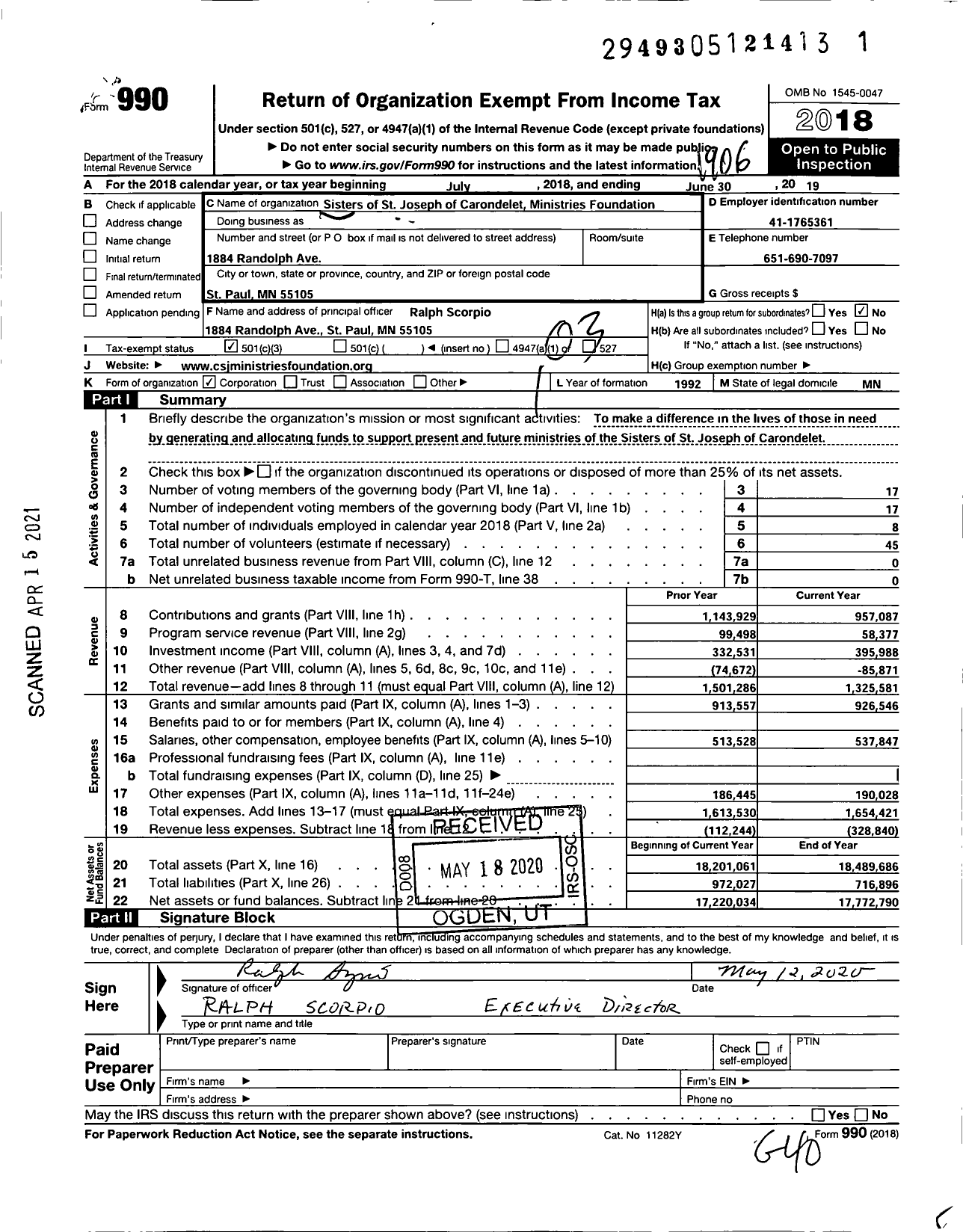 Image of first page of 2018 Form 990 for Sisters of St Joseph Ministries Fund