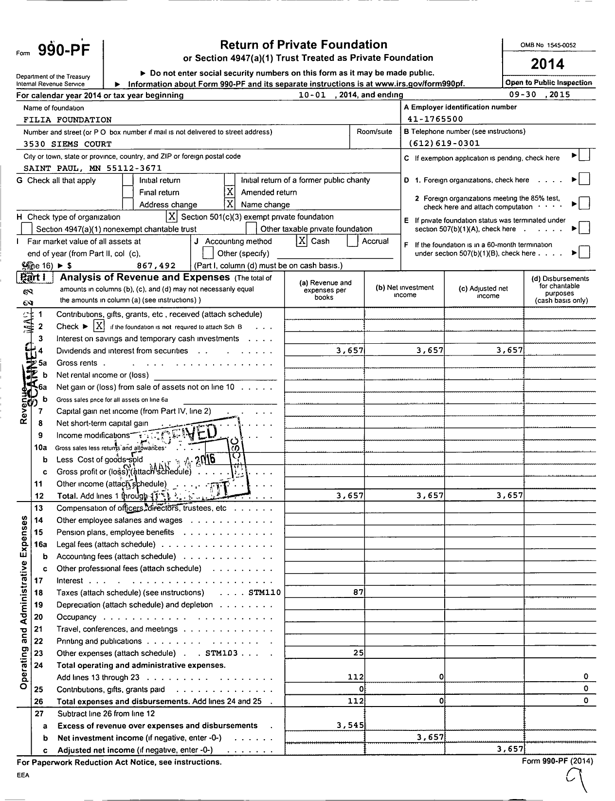 Image of first page of 2014 Form 990PF for Filia Foundation