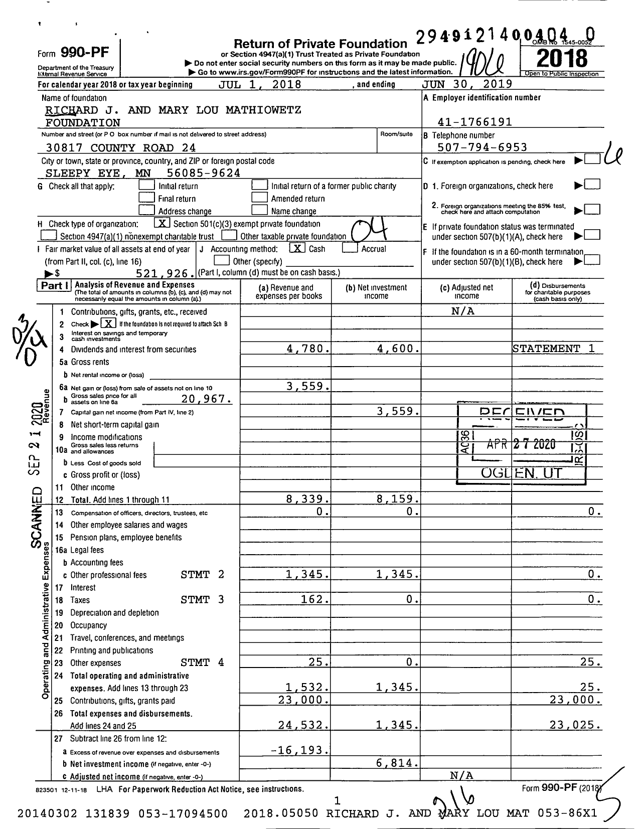 Image of first page of 2018 Form 990PR for Richard J and Mary Lou Mathiowetz Foundation