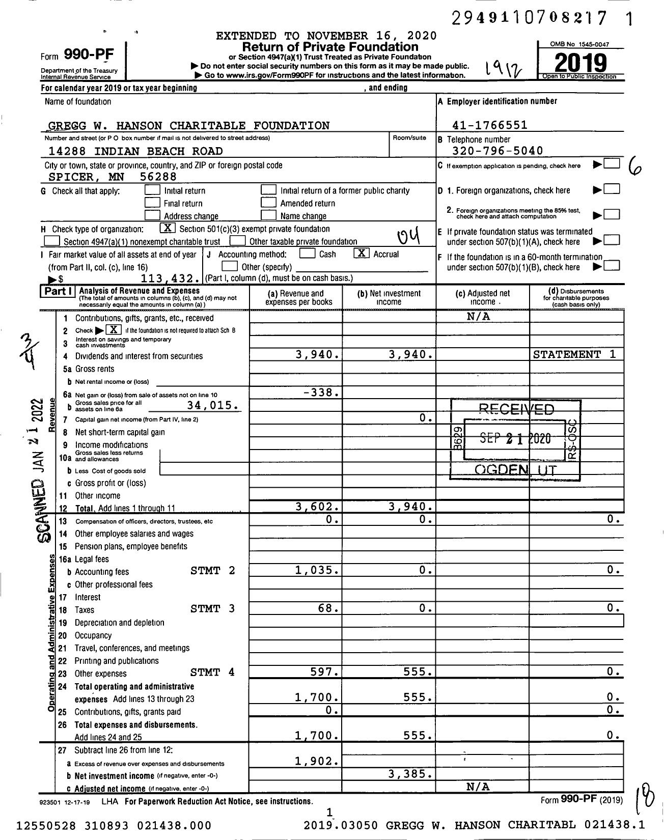 Image of first page of 2019 Form 990PF for Gregg W Hanson Charitable Foundation