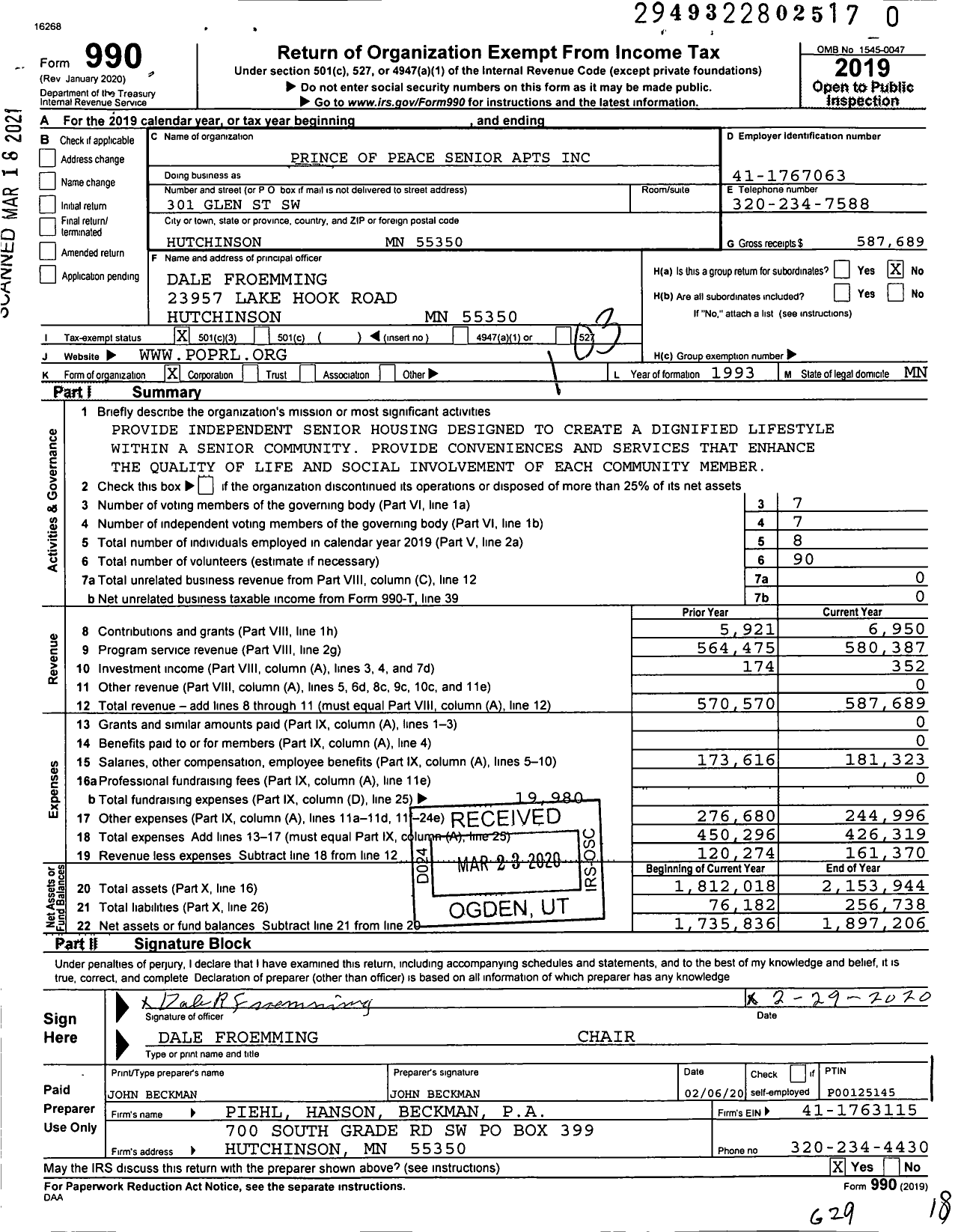 Image of first page of 2019 Form 990 for Prince of Peace Senior Apts