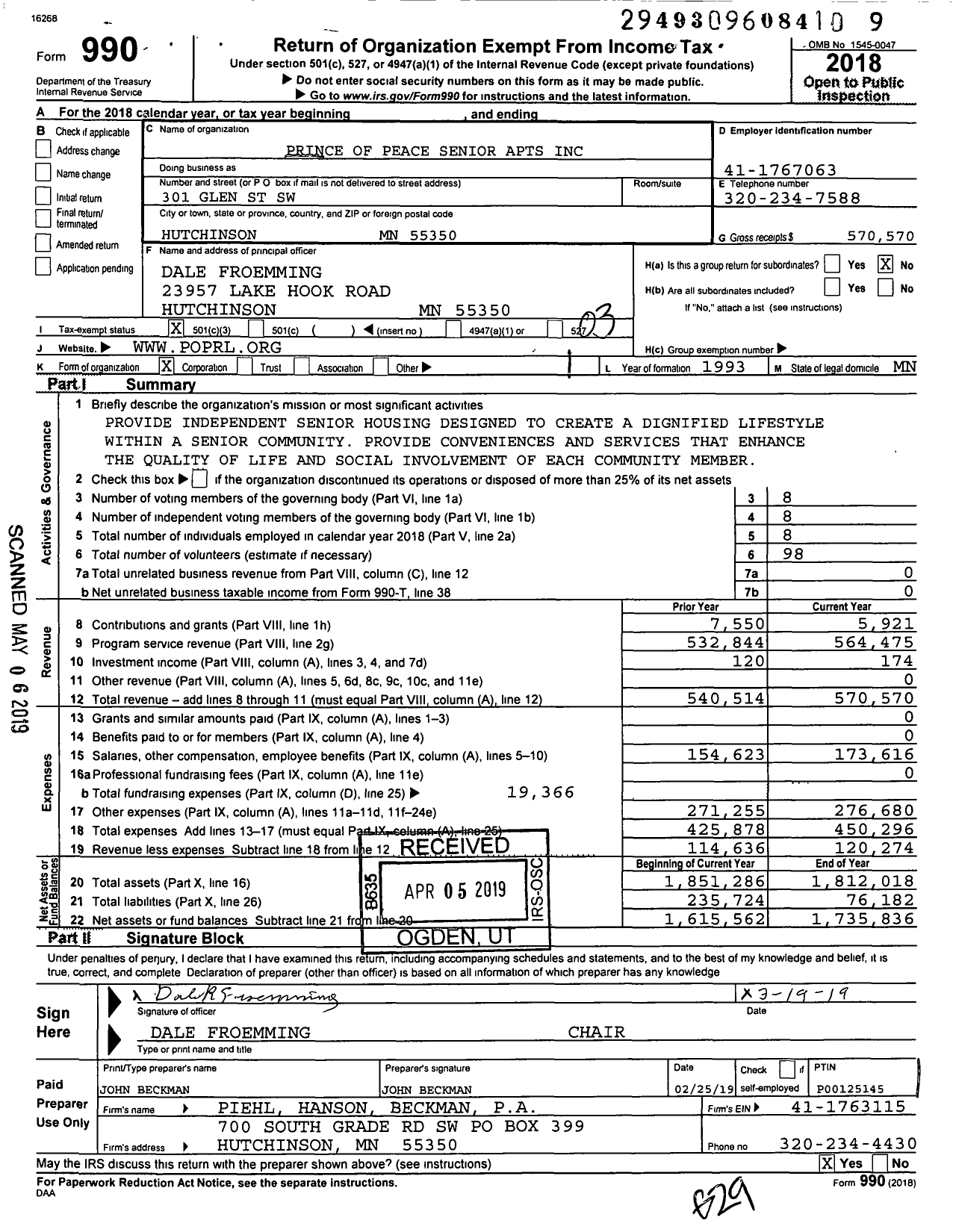 Image of first page of 2018 Form 990 for Prince of Peace Senior Apts